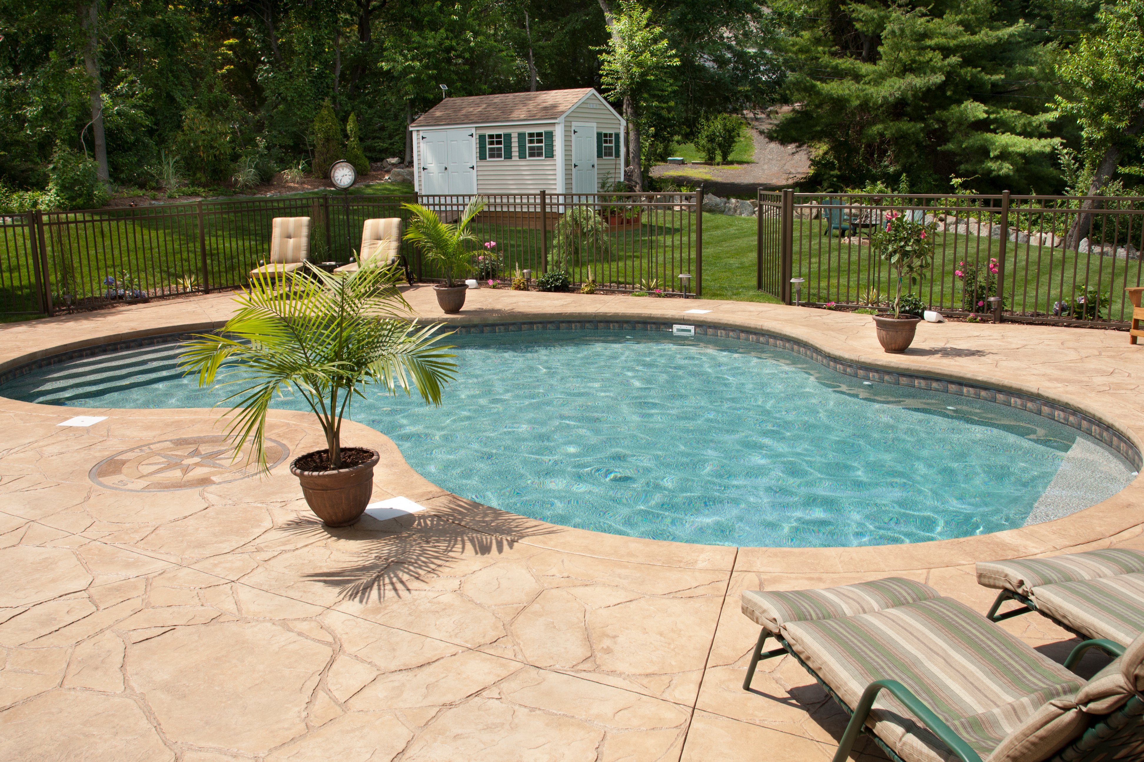 A backyard in-ground pool inside a security fence with mulch and plants around the perimeter
