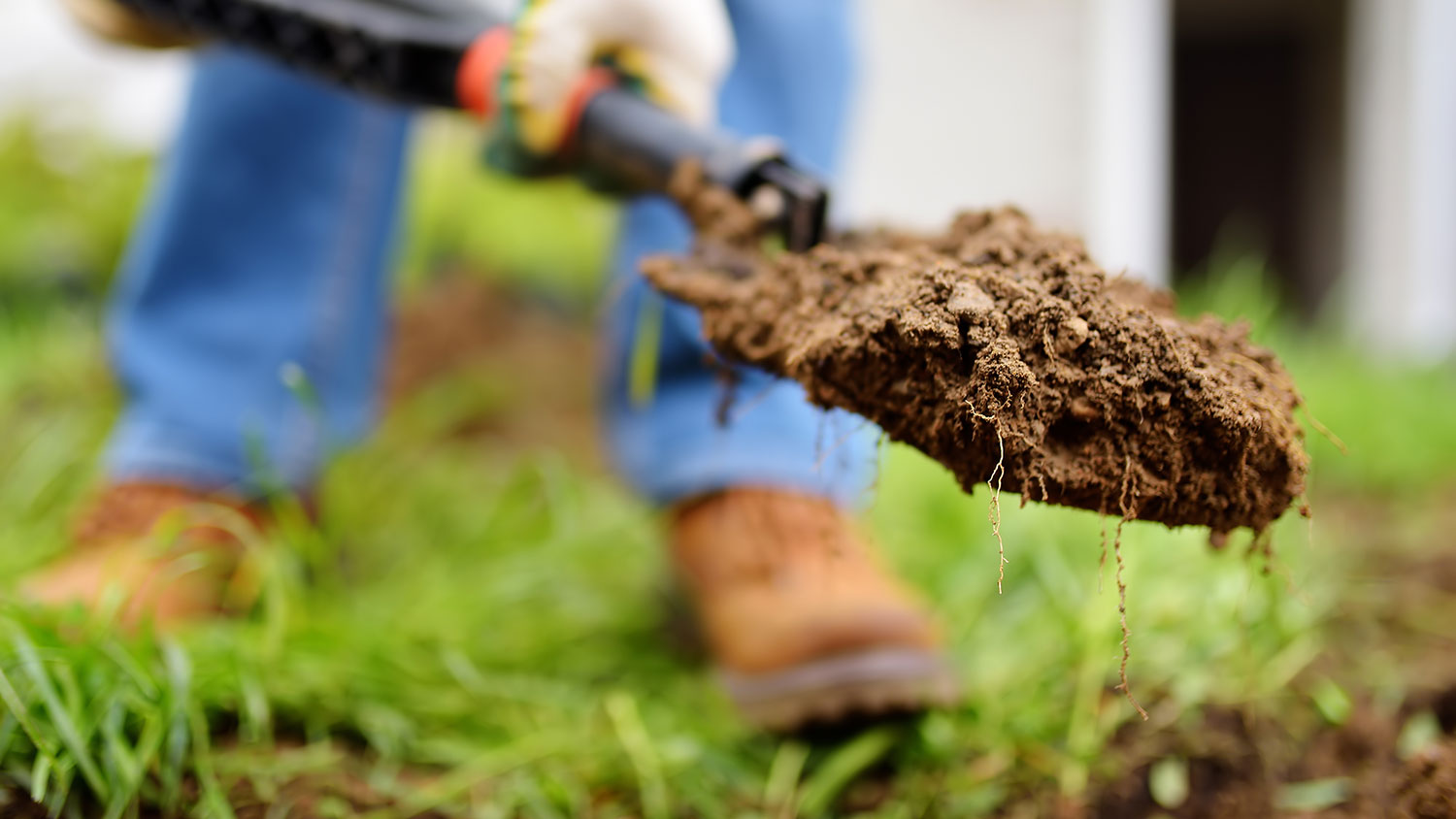 Man using a shovel is adding soil to a lawn