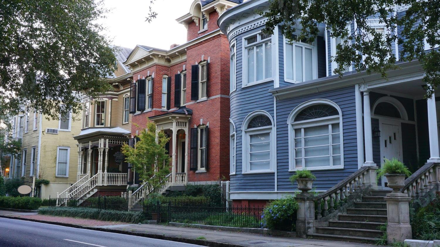 An array of historic houses painted in various colors