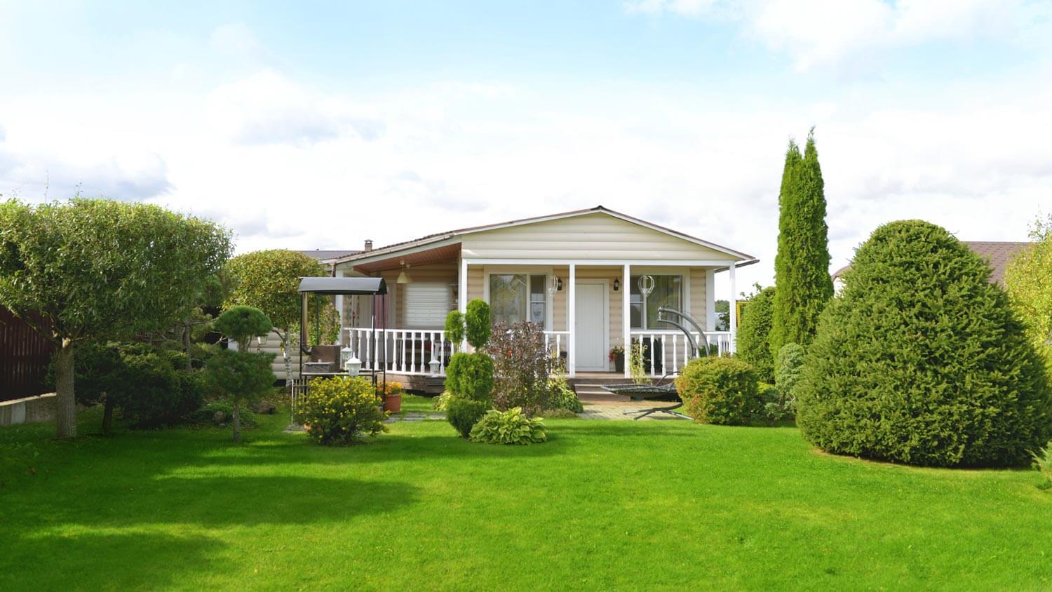 The backyard of a house with shrubs and trees