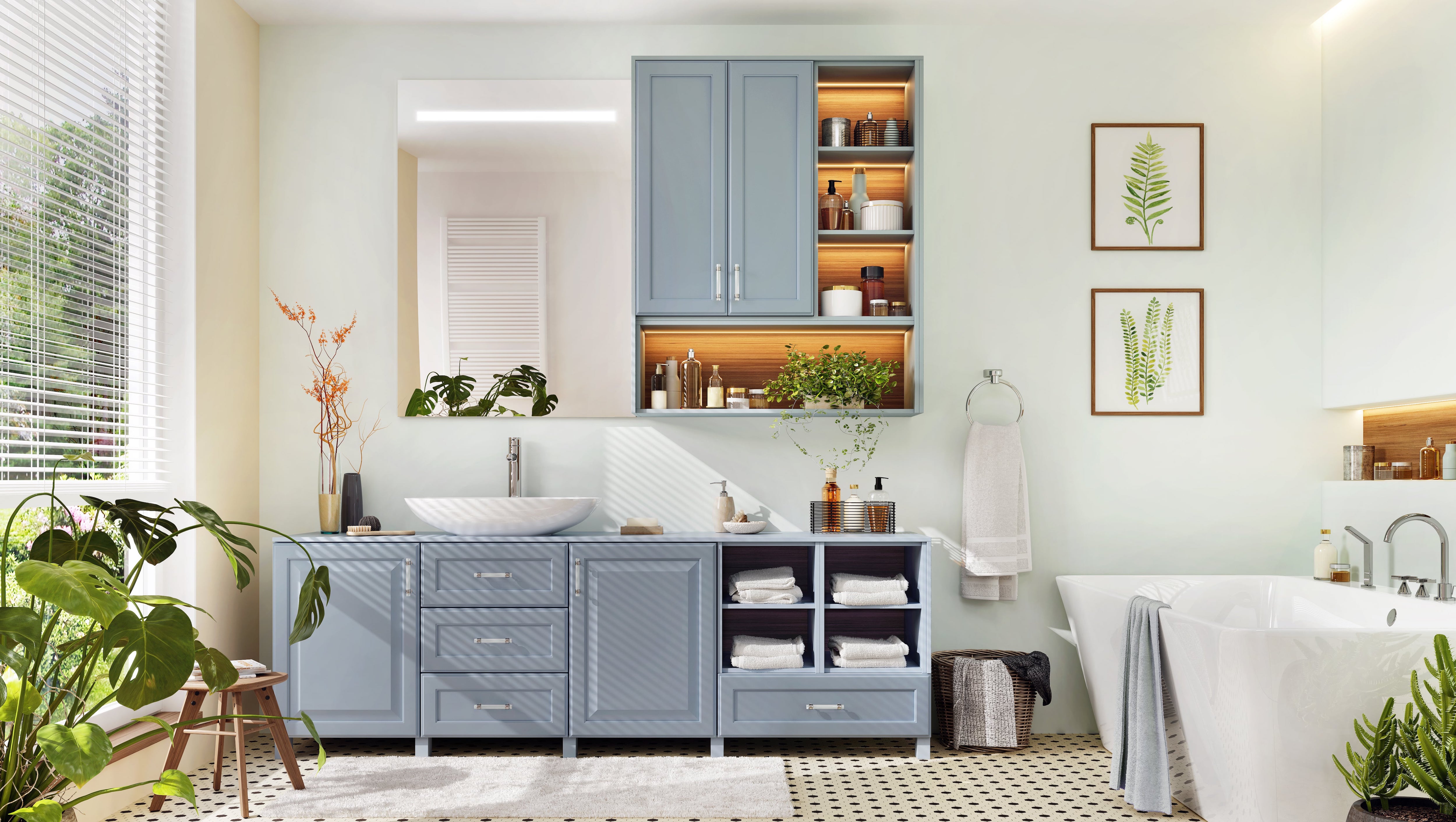 Bathroom with blue vanity and hanging artwork