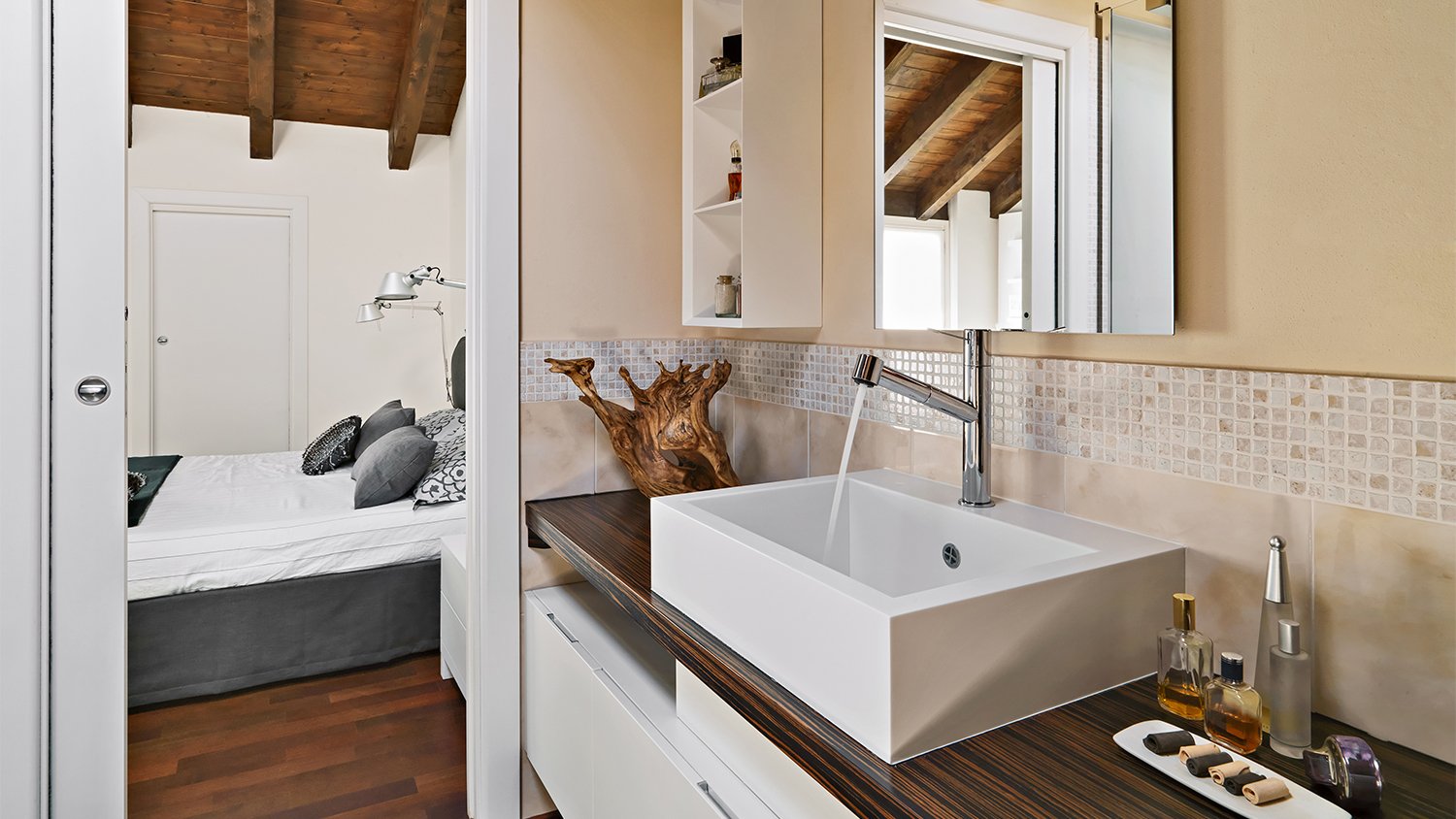 small bathroom with connecting sliding door