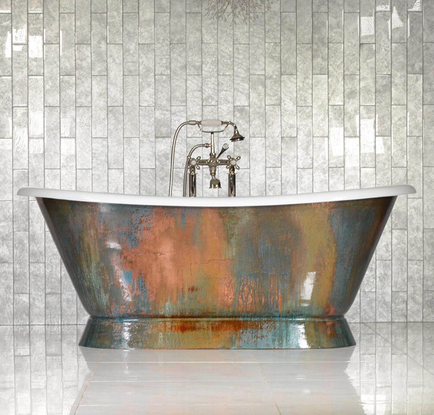 A bathtub with pure metal verdigris copper exterior