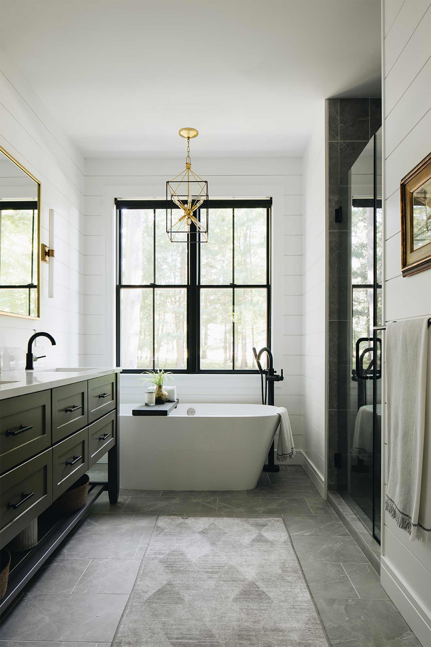 Black and white bathroom tub window