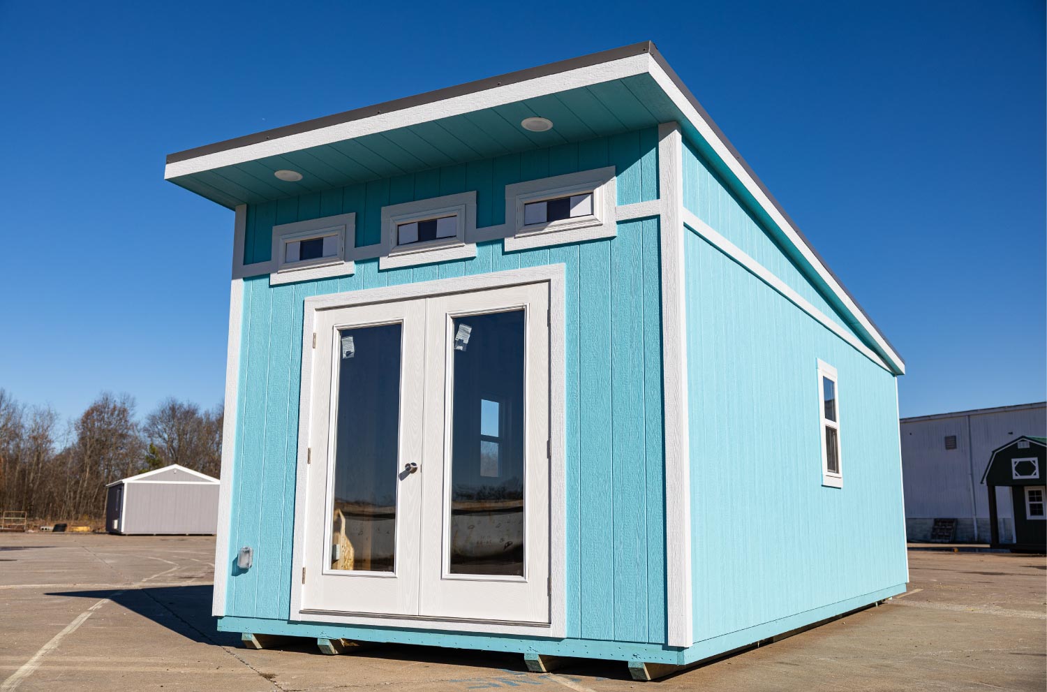 A blue garden shed