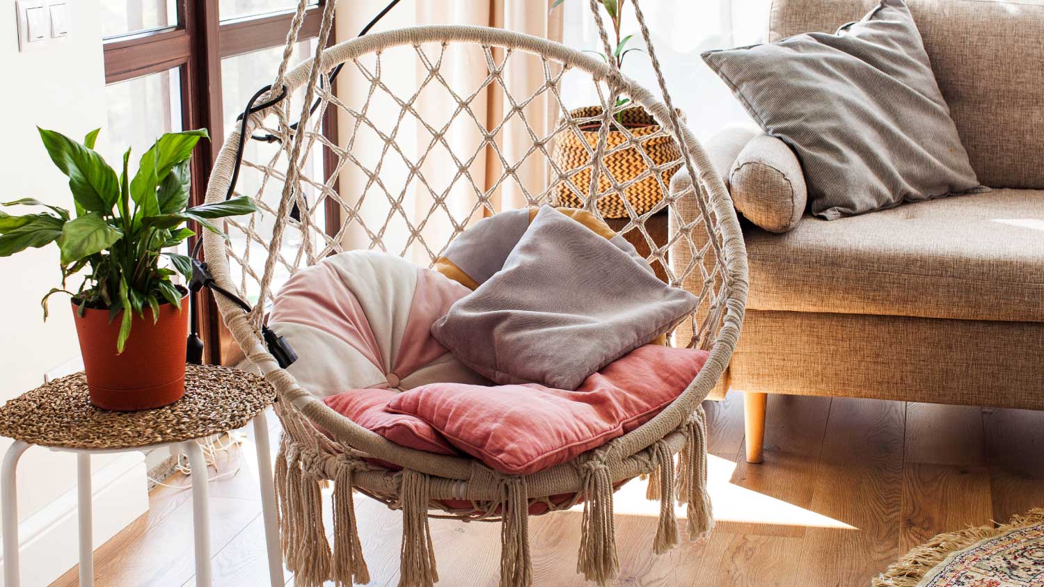 boho hanging chair and cushions