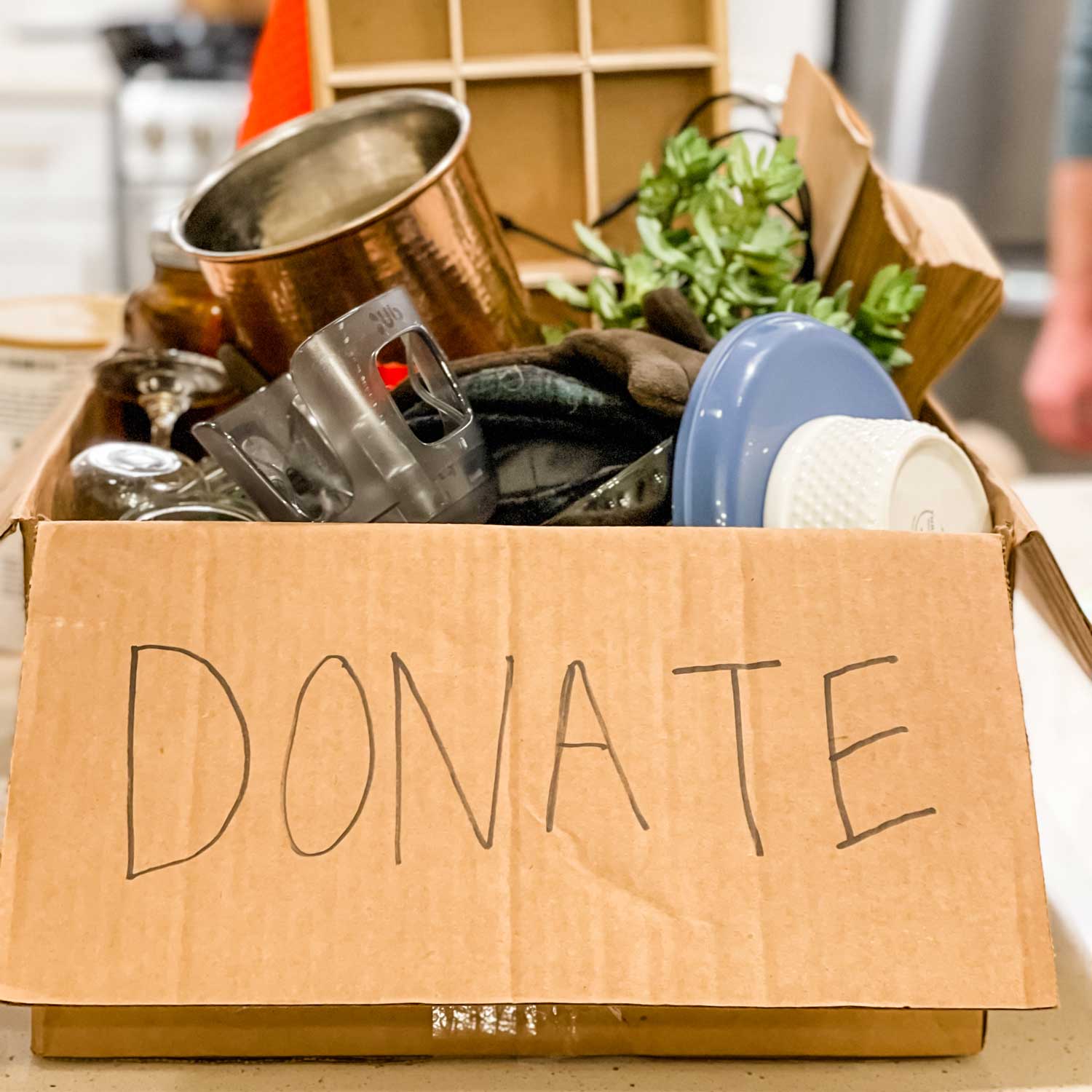 Cardboard box with items for donation