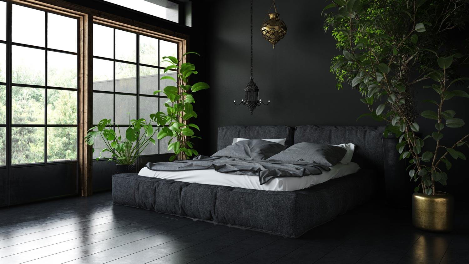 A black painted bedroom with large plants
