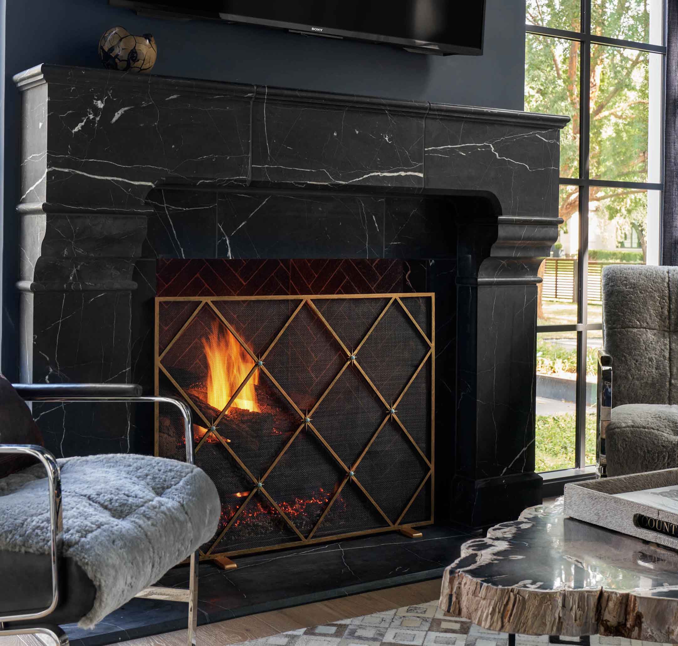 Black marble fireplace surround