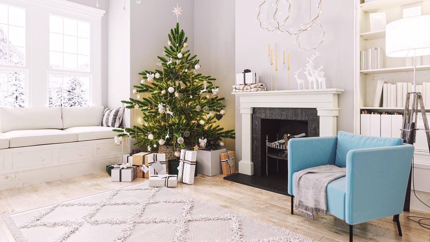 bright blue chair next to fireplace and Christmas decor