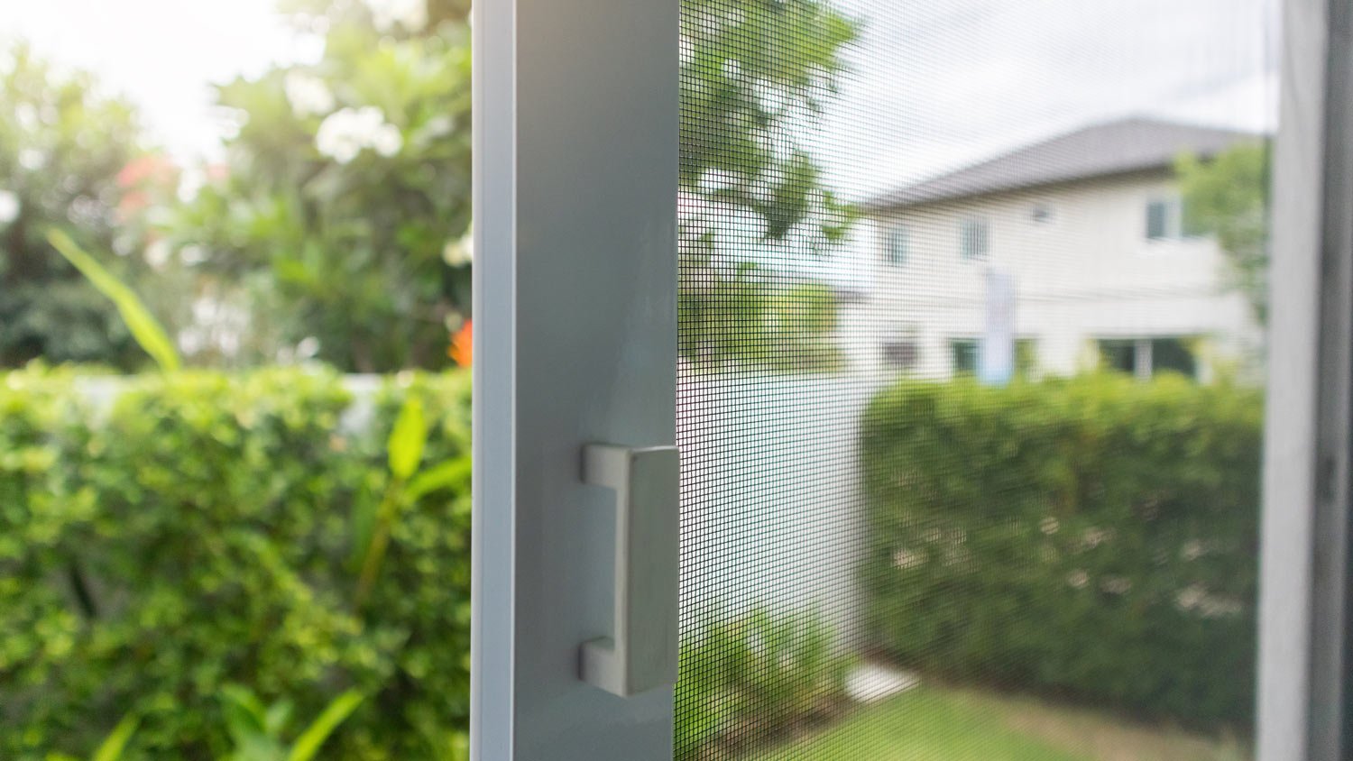 Close-up of a screen door with a garden in the background