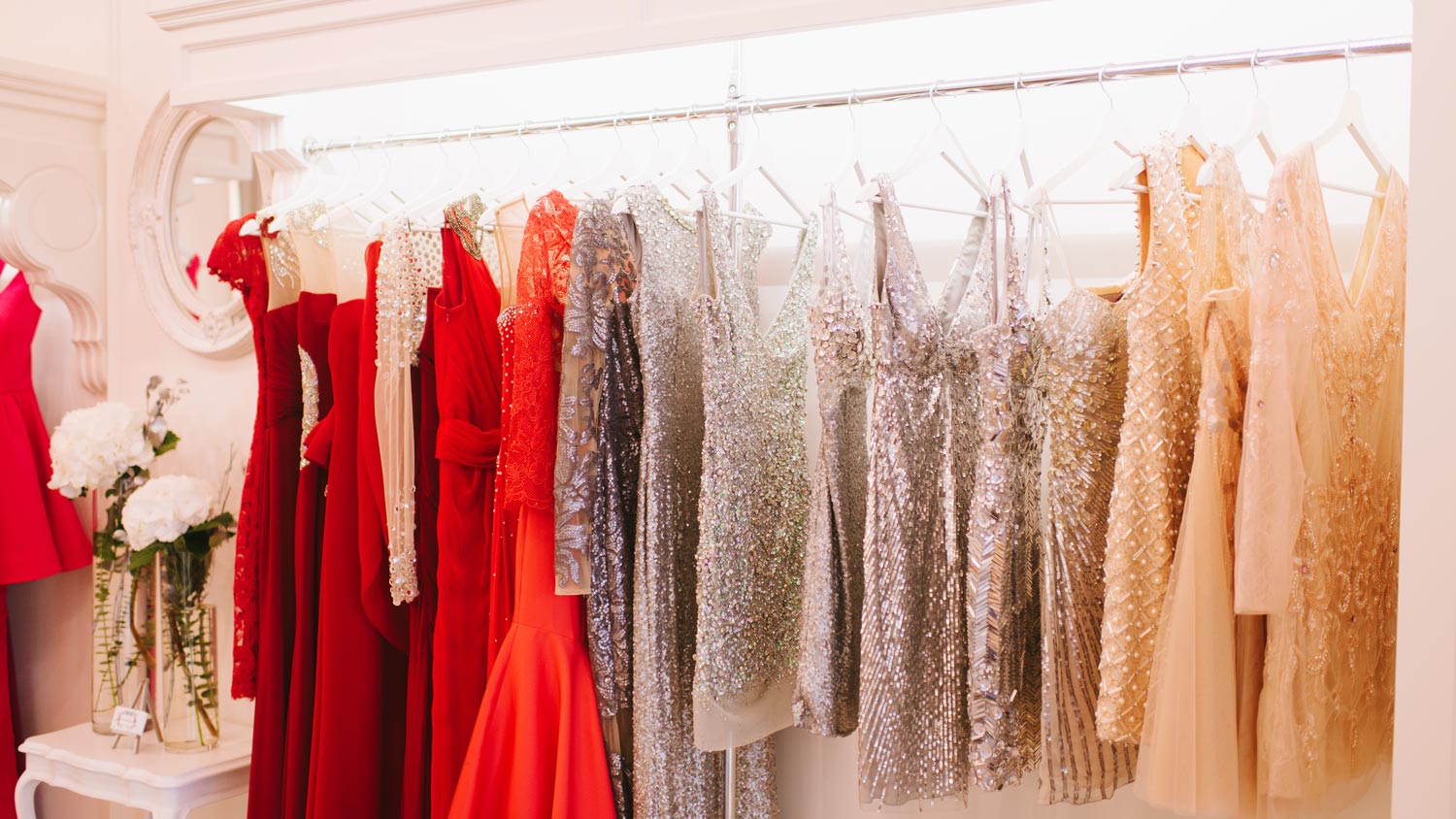 A closet with fashion dresses with higher temperature LEDs