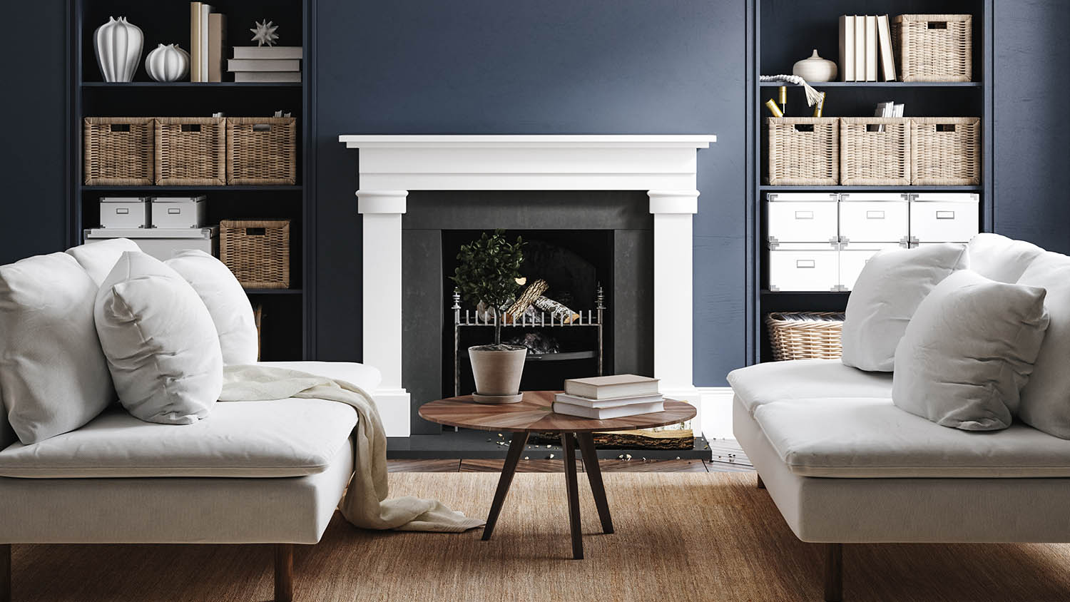 white fireplace with navy blue painted wall