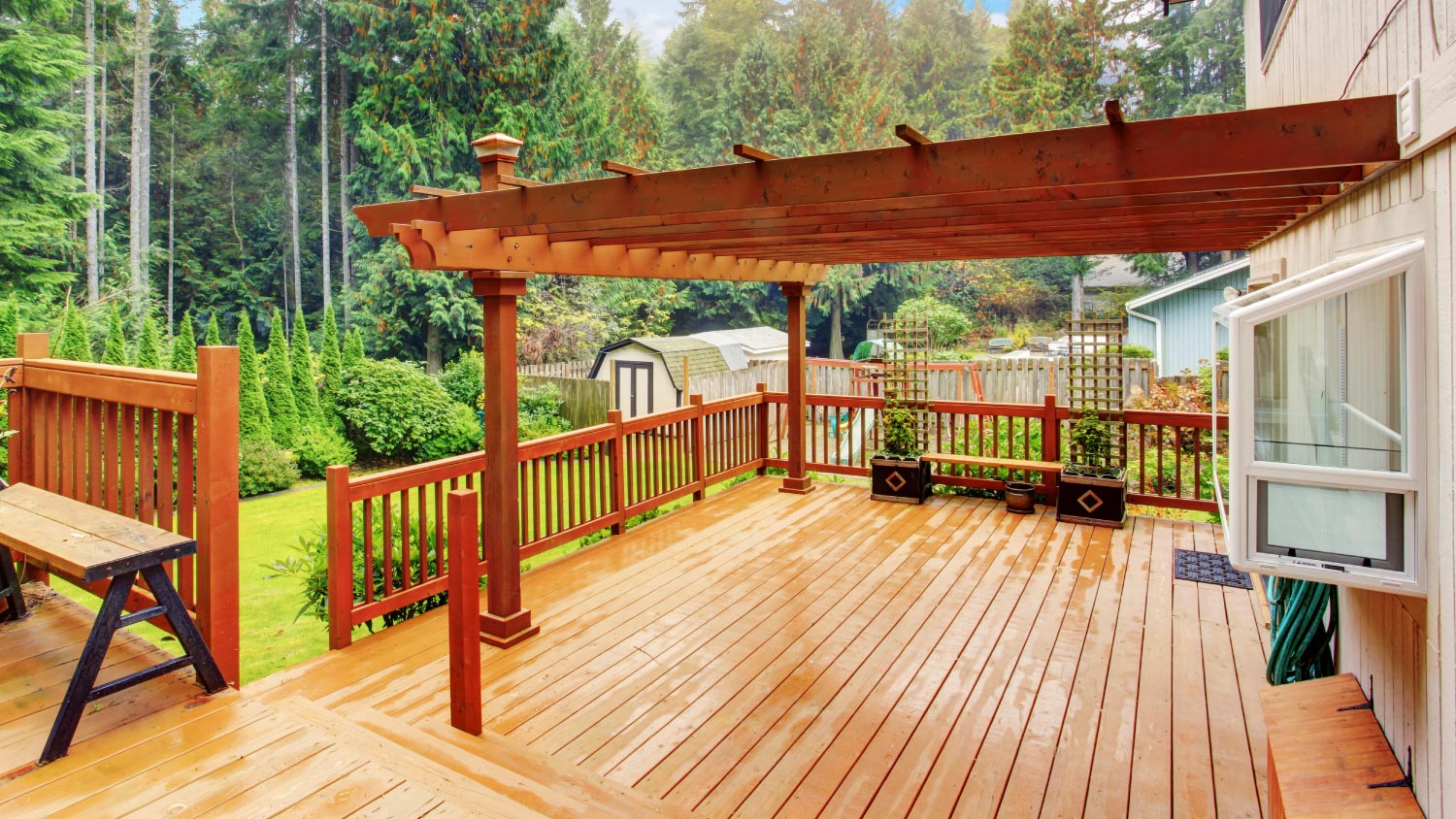 Walkout deck with attached pergola