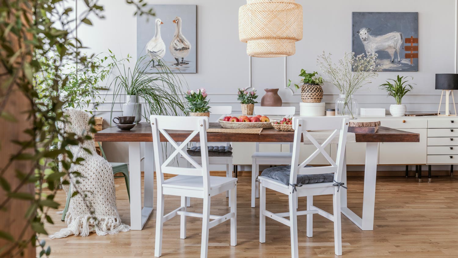 A dining area with cross back chairs