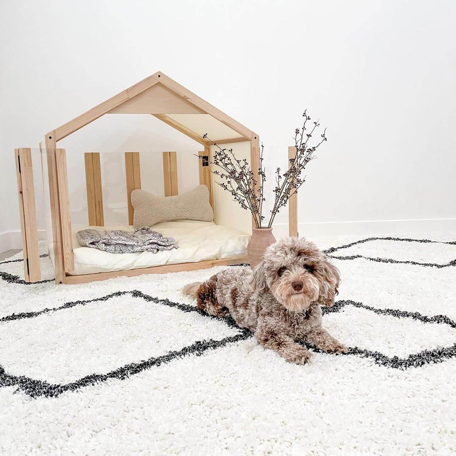 A dog’s elegant wooden den