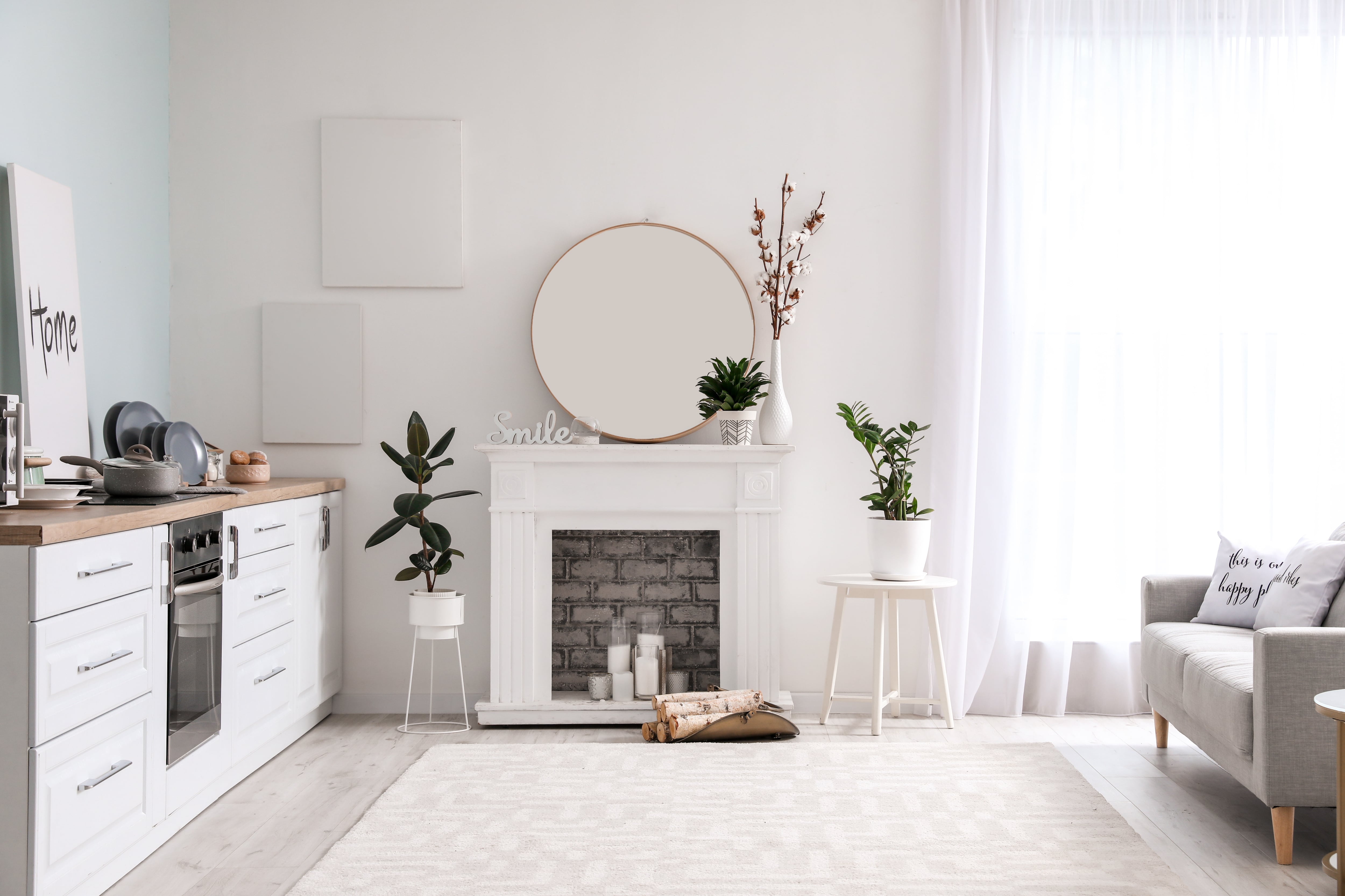 White fireplace mantel decorated with mirror and plants