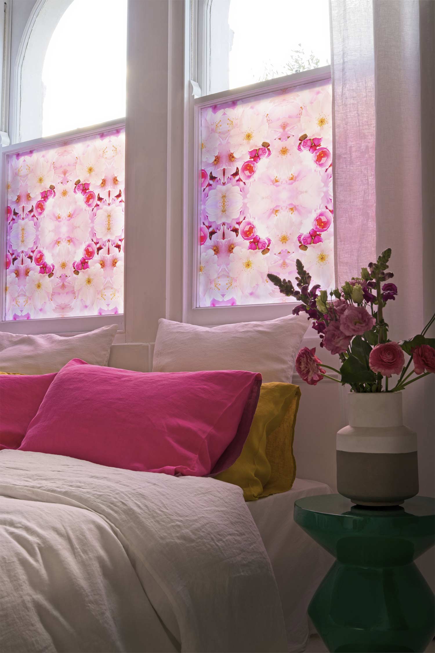 Floral pattern window bedroom pink pillows