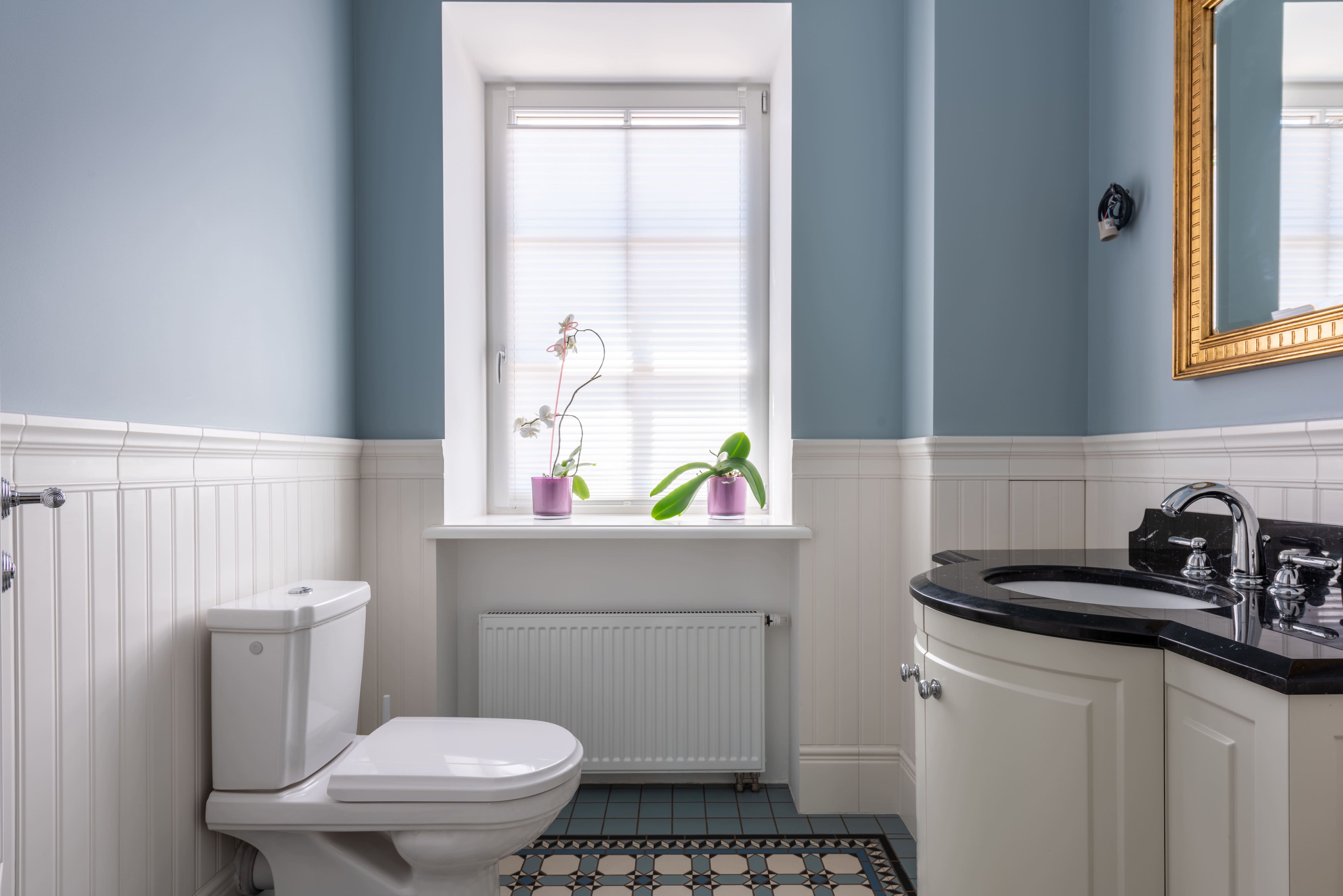 Bathroom with white wainscotting and blue walls