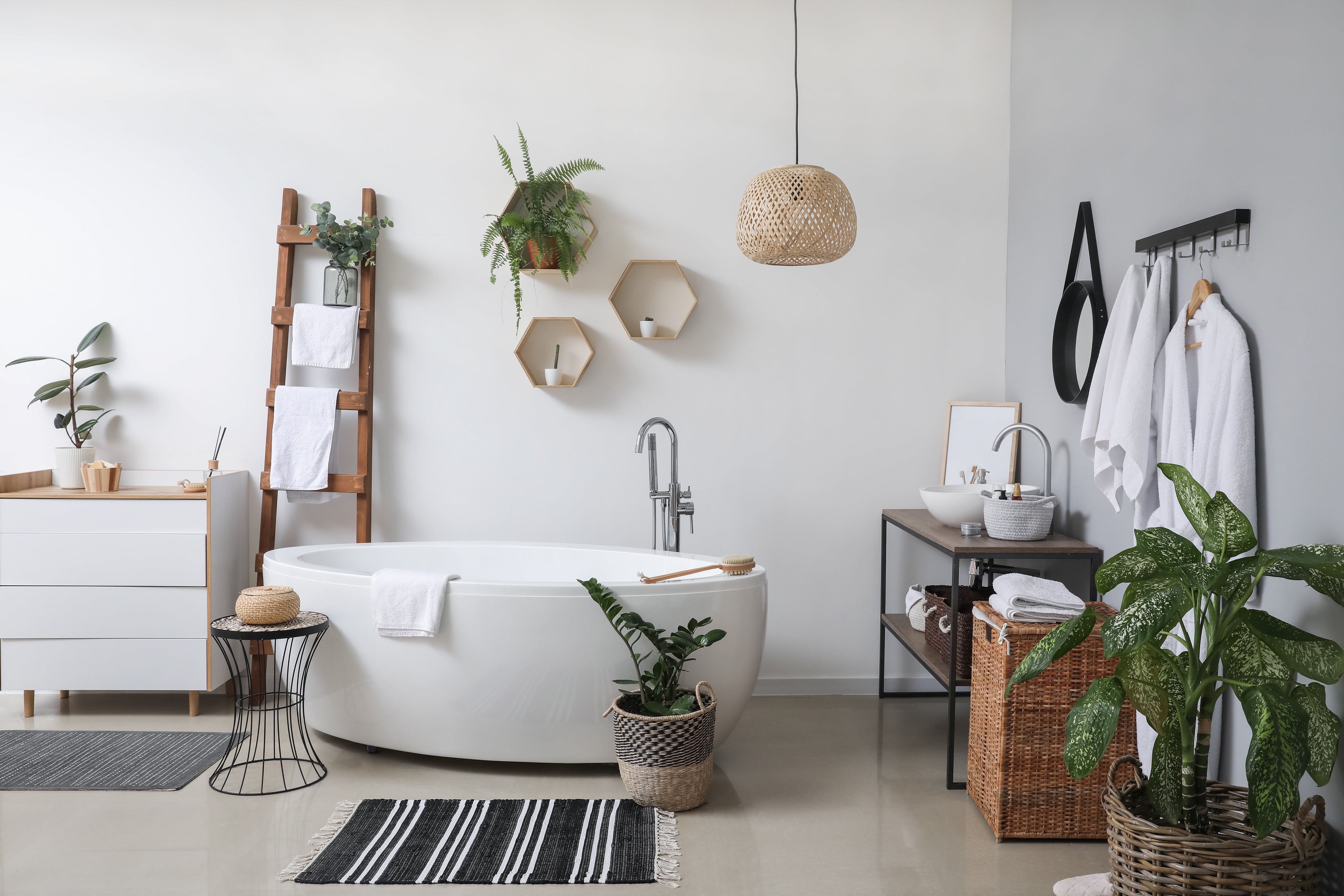 Modern bathroom with geometric shelving