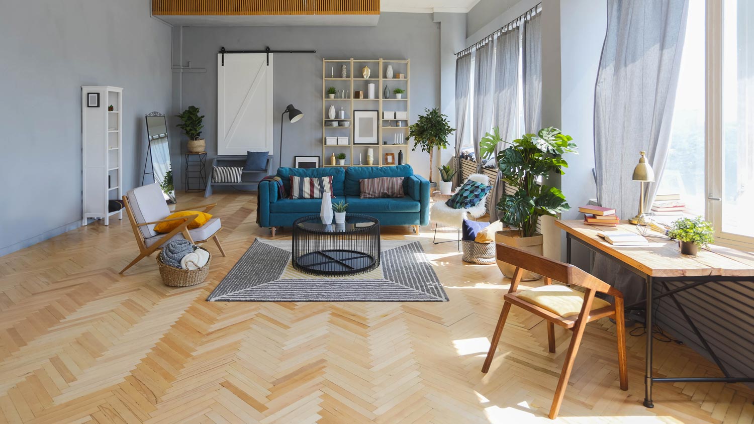 A gray painted open floor living room