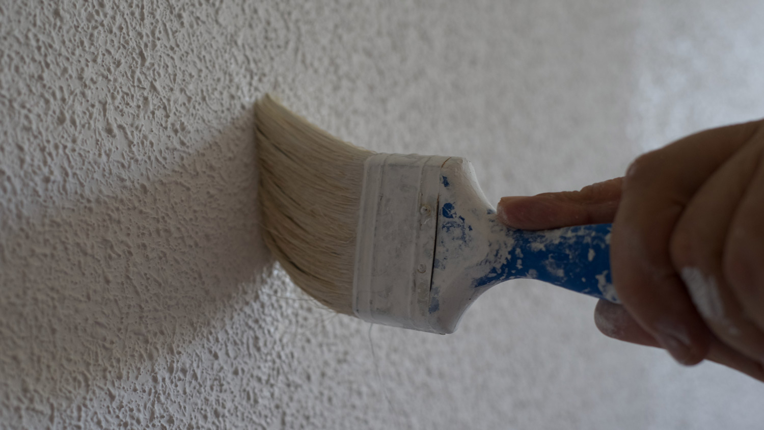 Close-up of a hand holding a brush and painting a textured wall