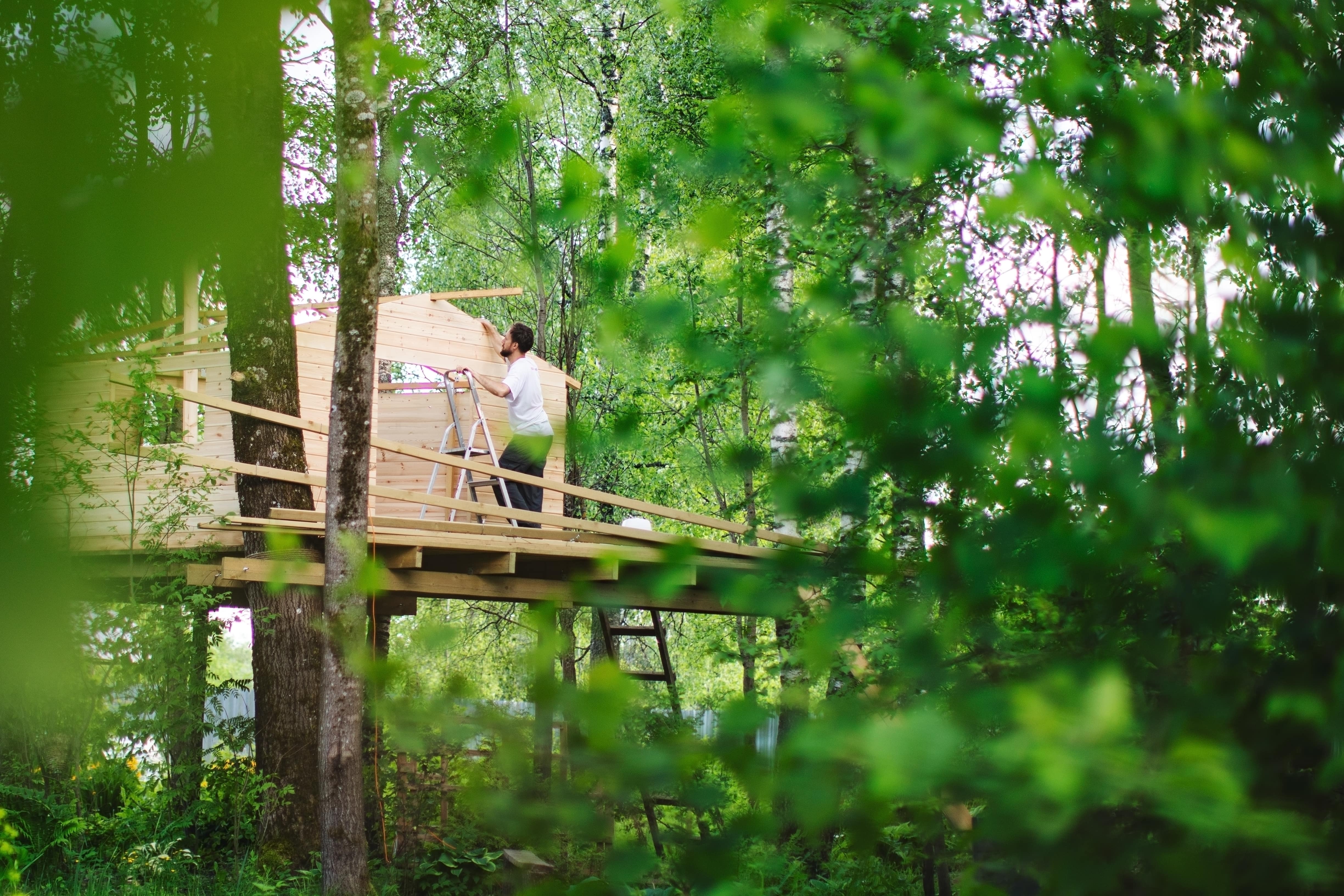 A man building a treehouse in the woods