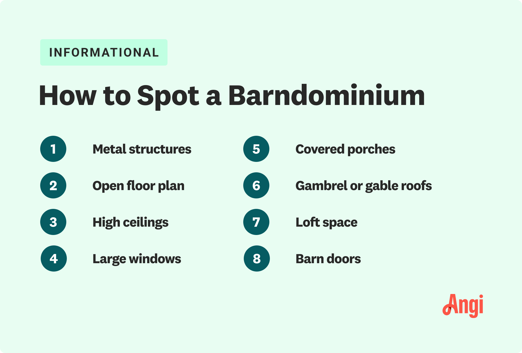  8 ways to spot a barndominium, including metal structure, open floor plan, and barn doors