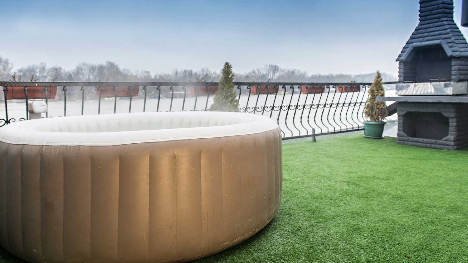Inflatable hot tub on a patio