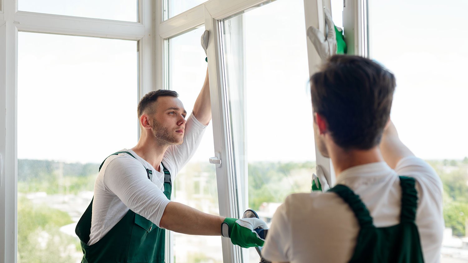 Workers installing new double pane window  