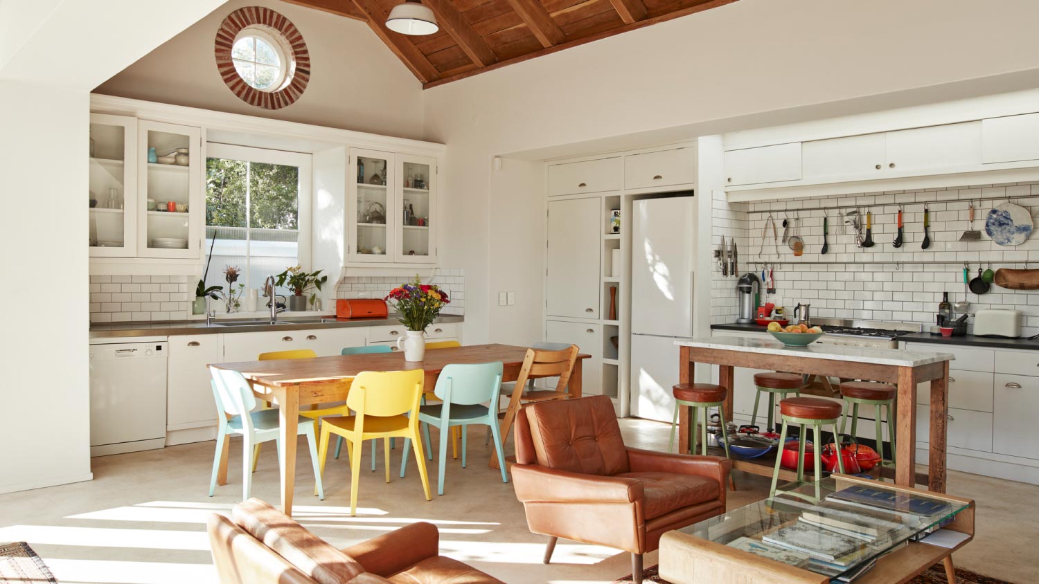 An interior view of a kitchen and living room