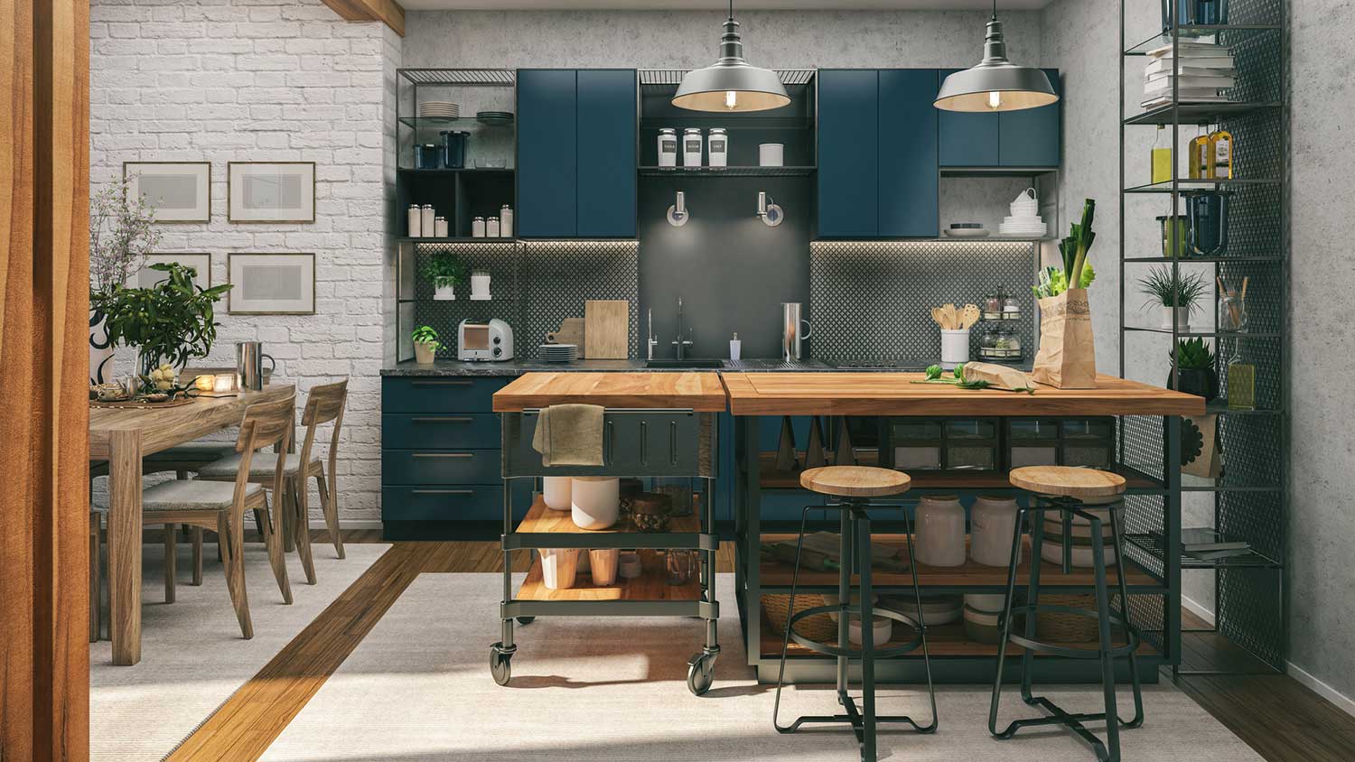 Industrial style kitchen and dining room