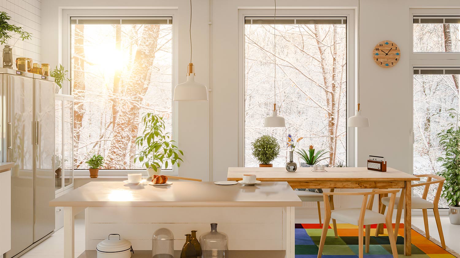 Kitchen big windows sunlight table