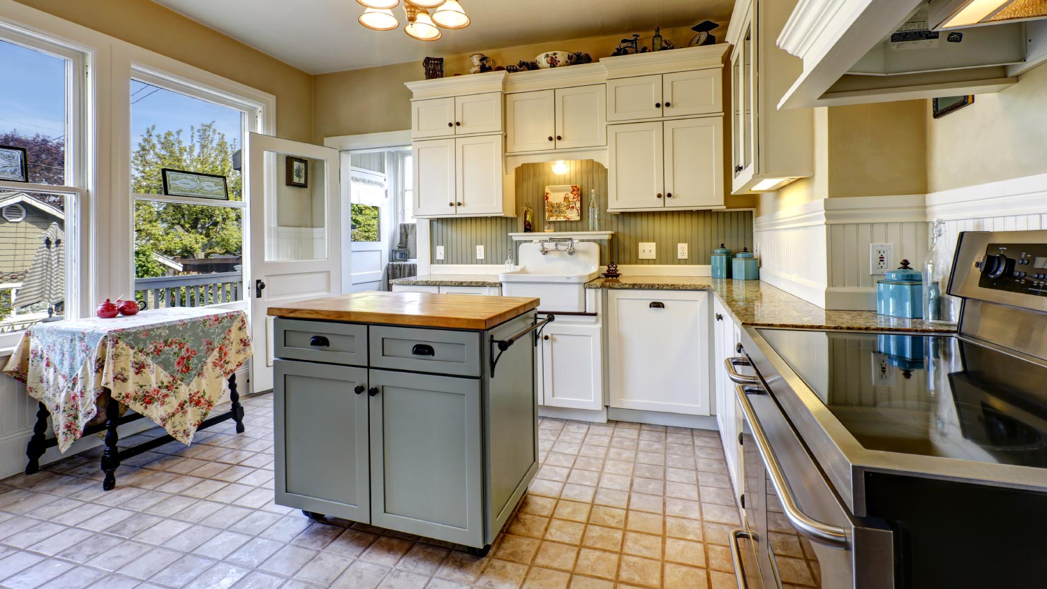 A modern kitchen interior with stylish wooden table