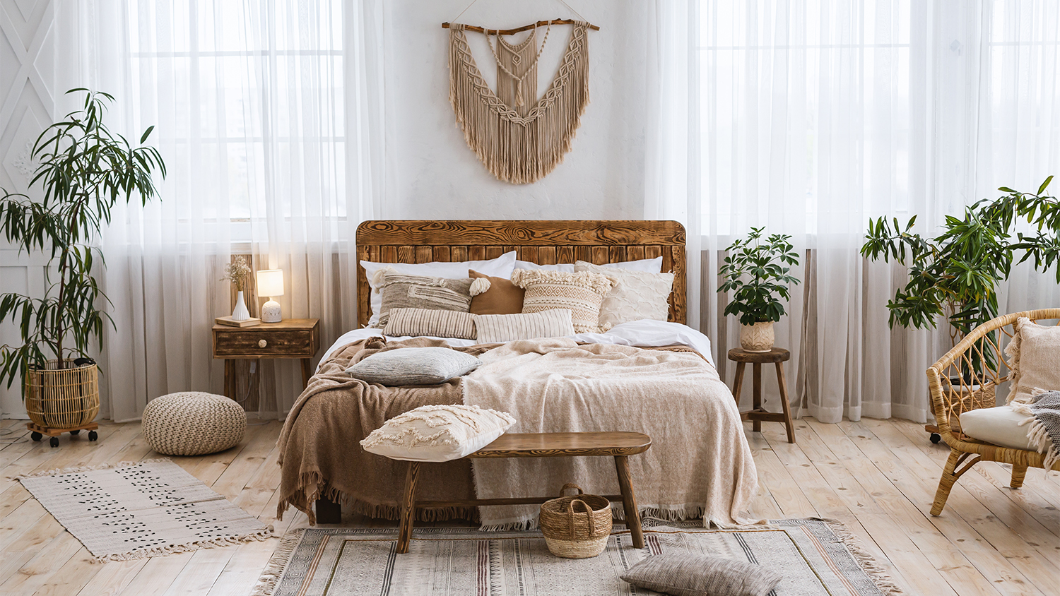 beige boho themed bedroom