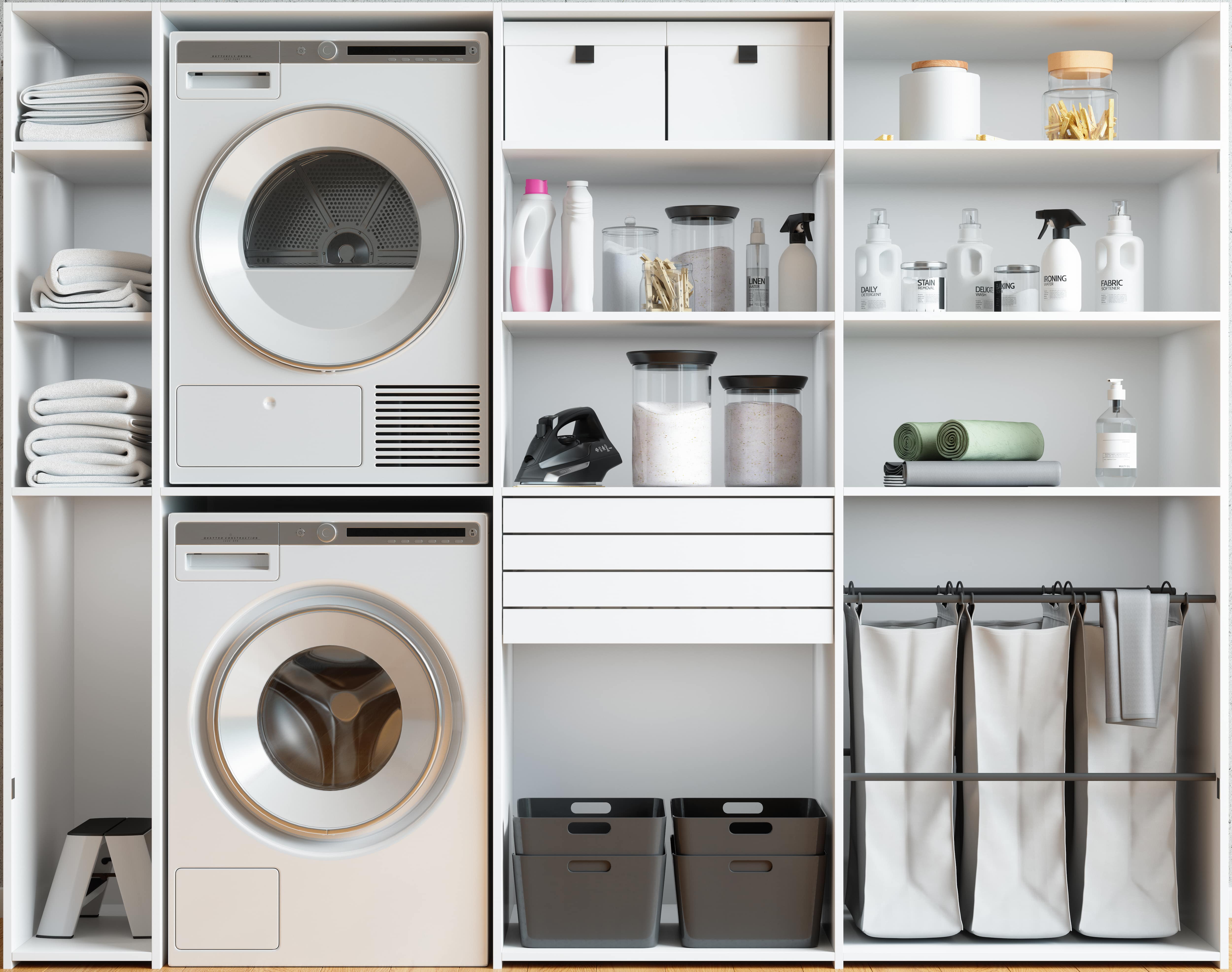Open shelving in laundry room with container storage