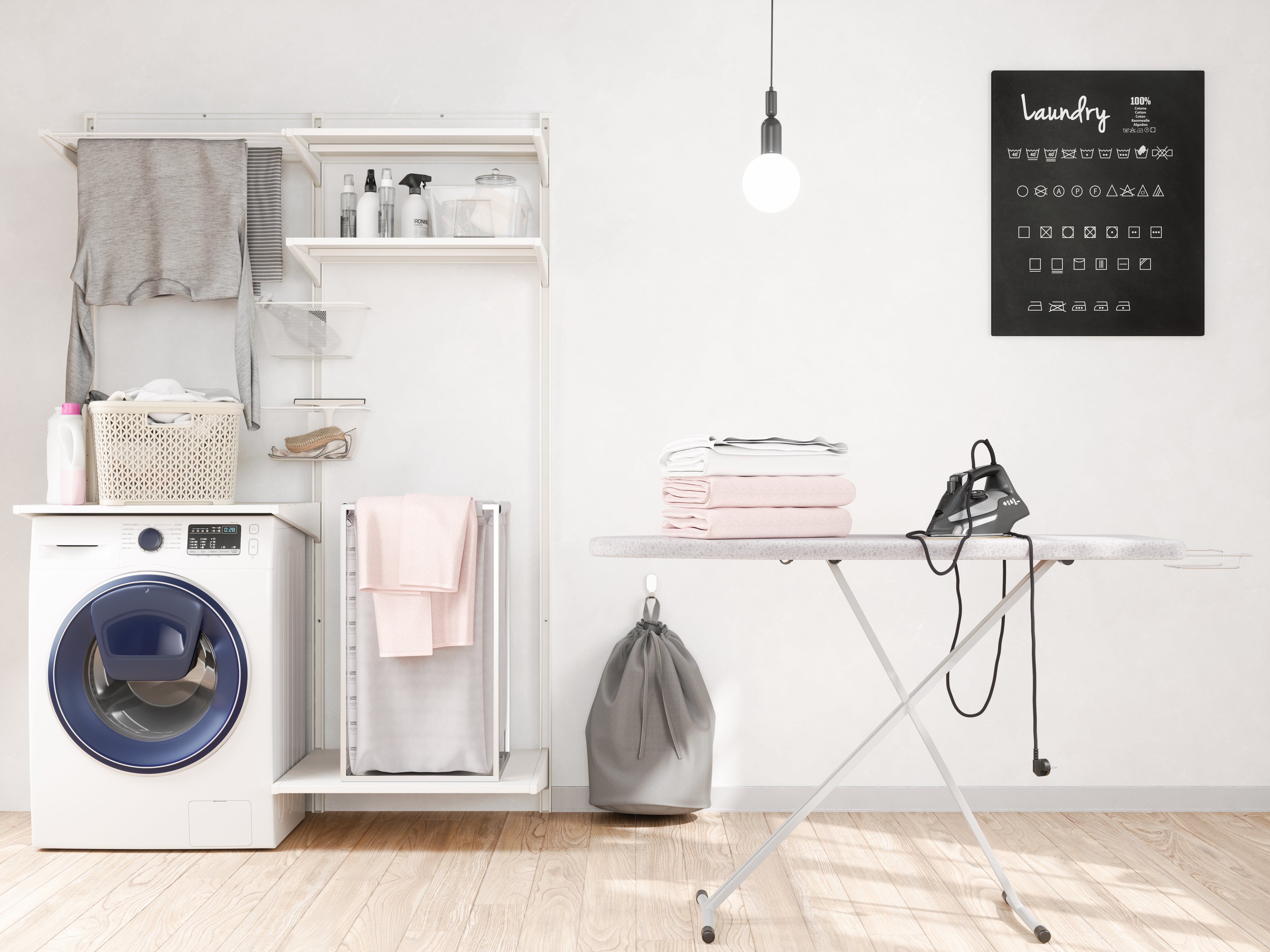 Laundry room with washing machine and iron