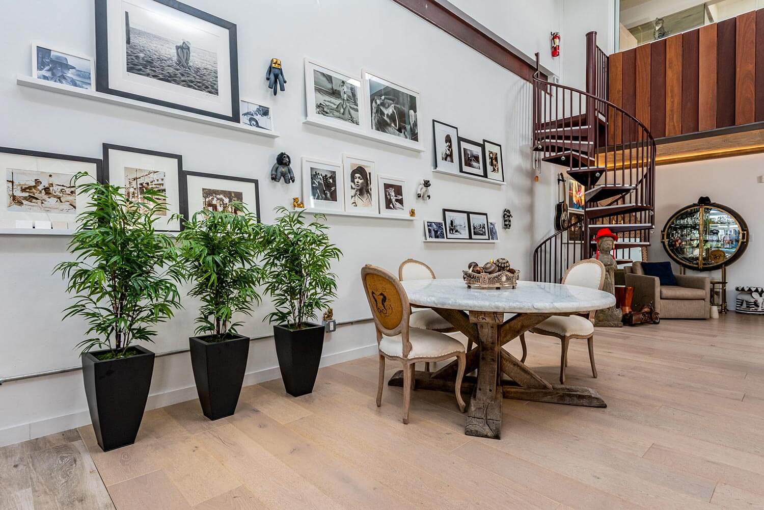 A live and work loft with artwork on the walls