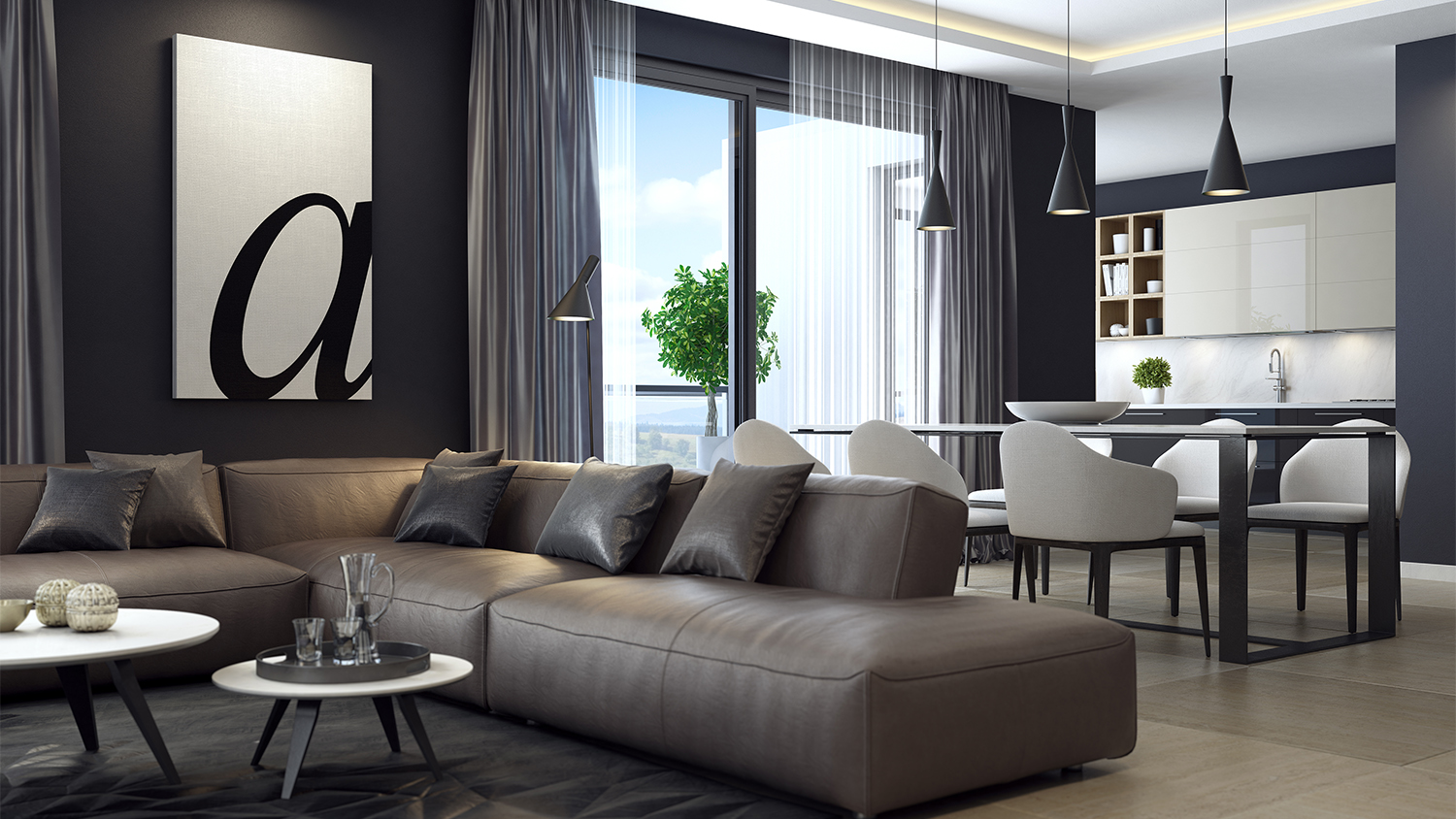 modern living room with black walls