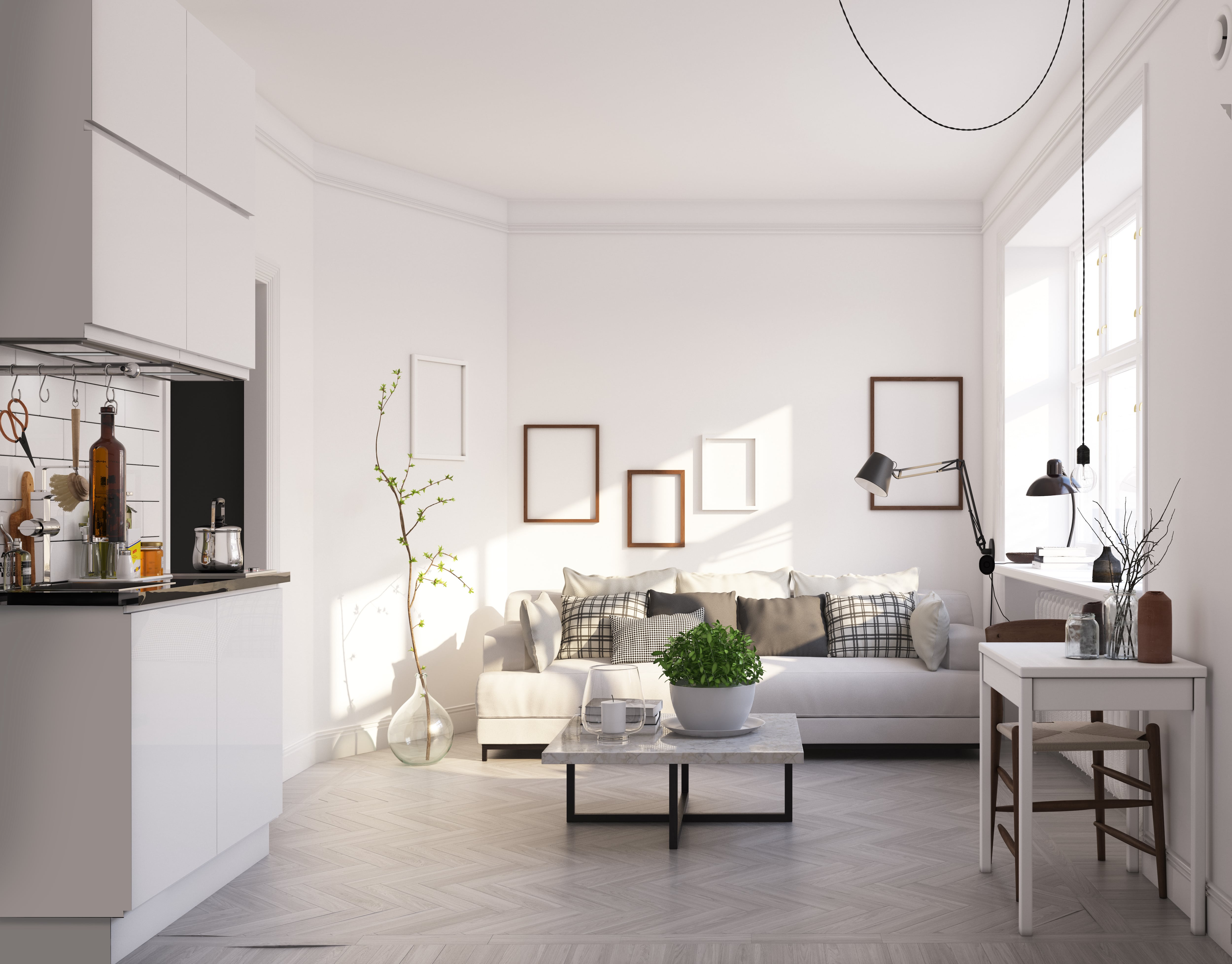 Living room with a gray couch and light pouring in 