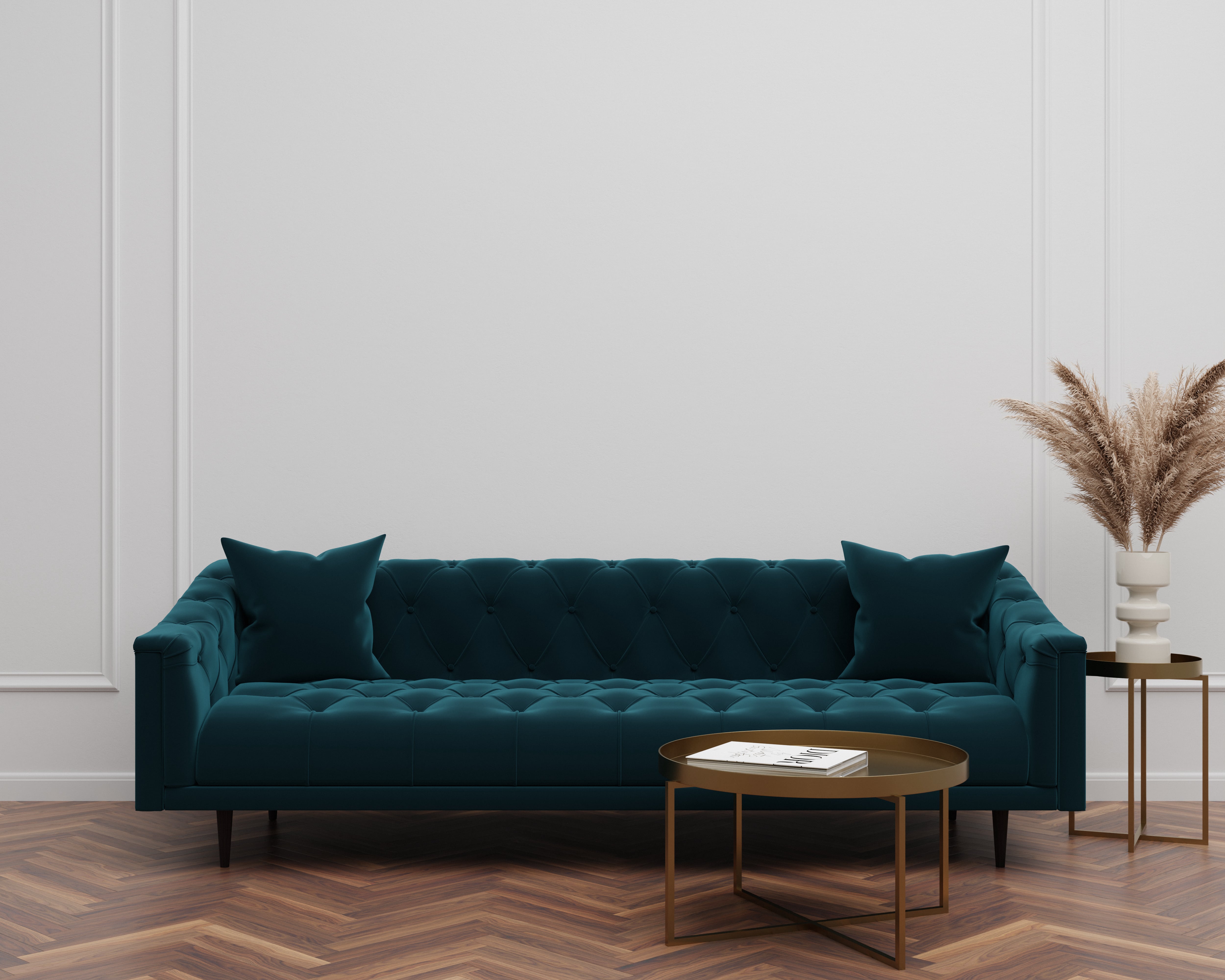 Minimalistic living room with green couch