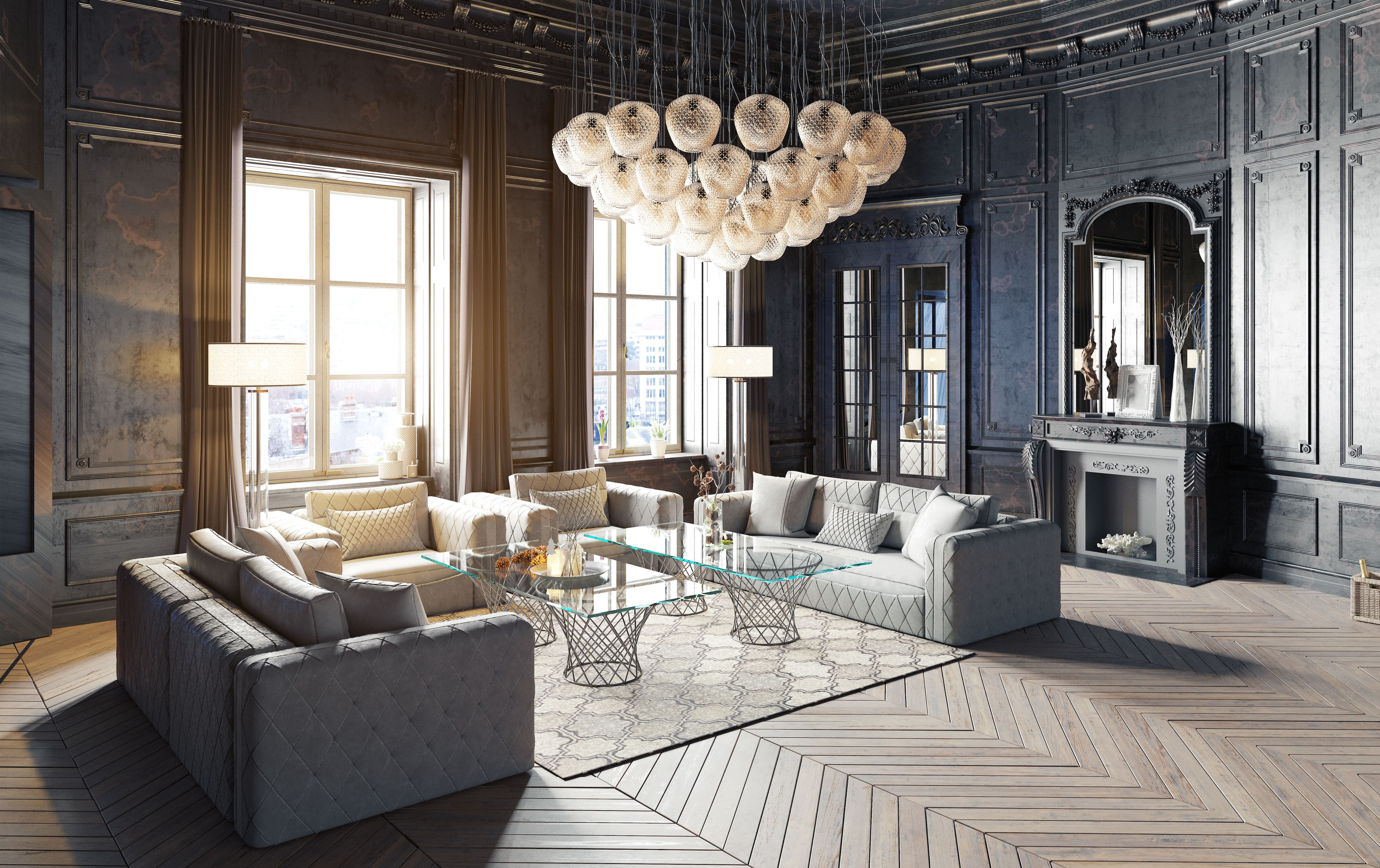 gray and black living room with modern chandelier