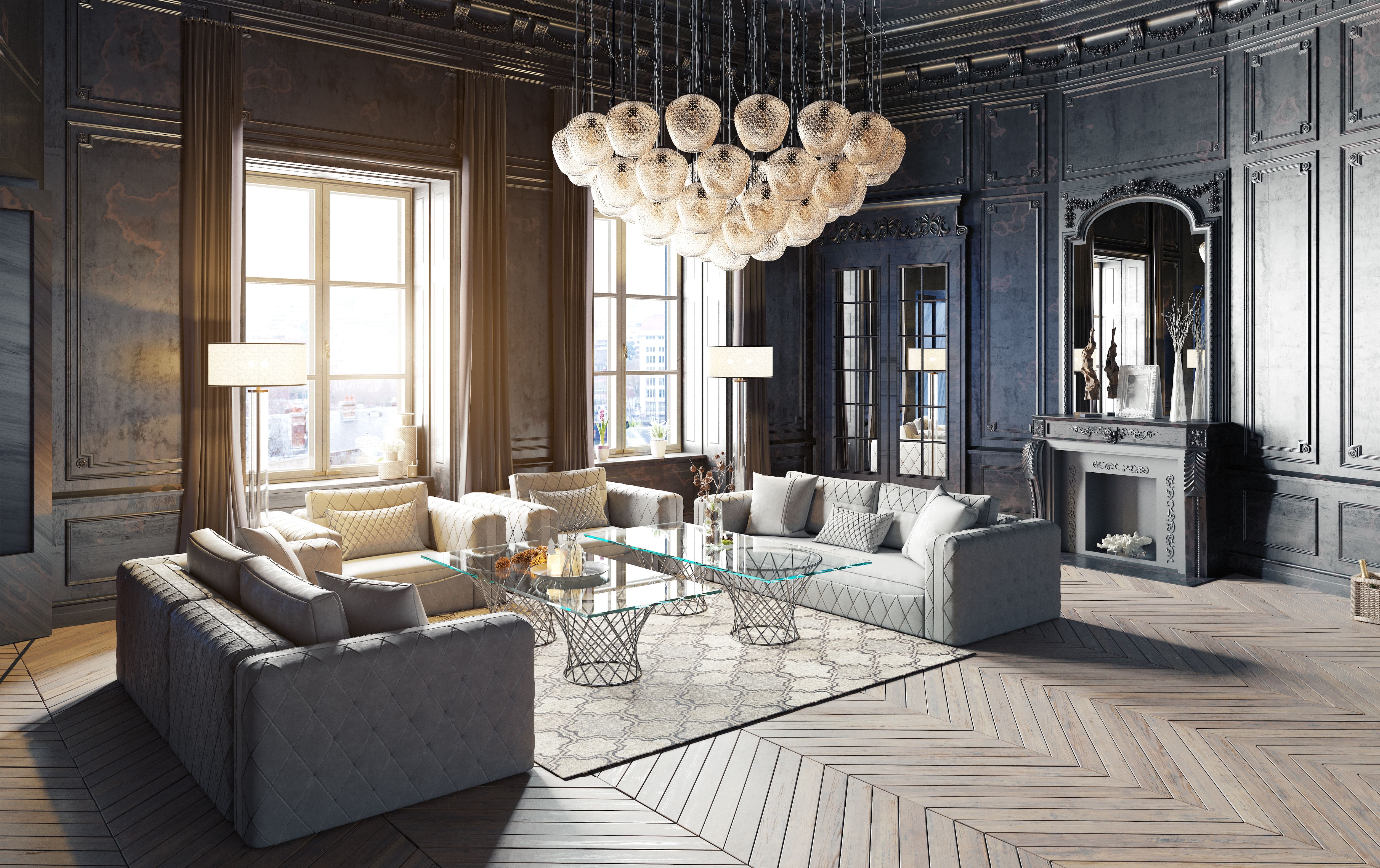 gray and black living room with modern chandelier 