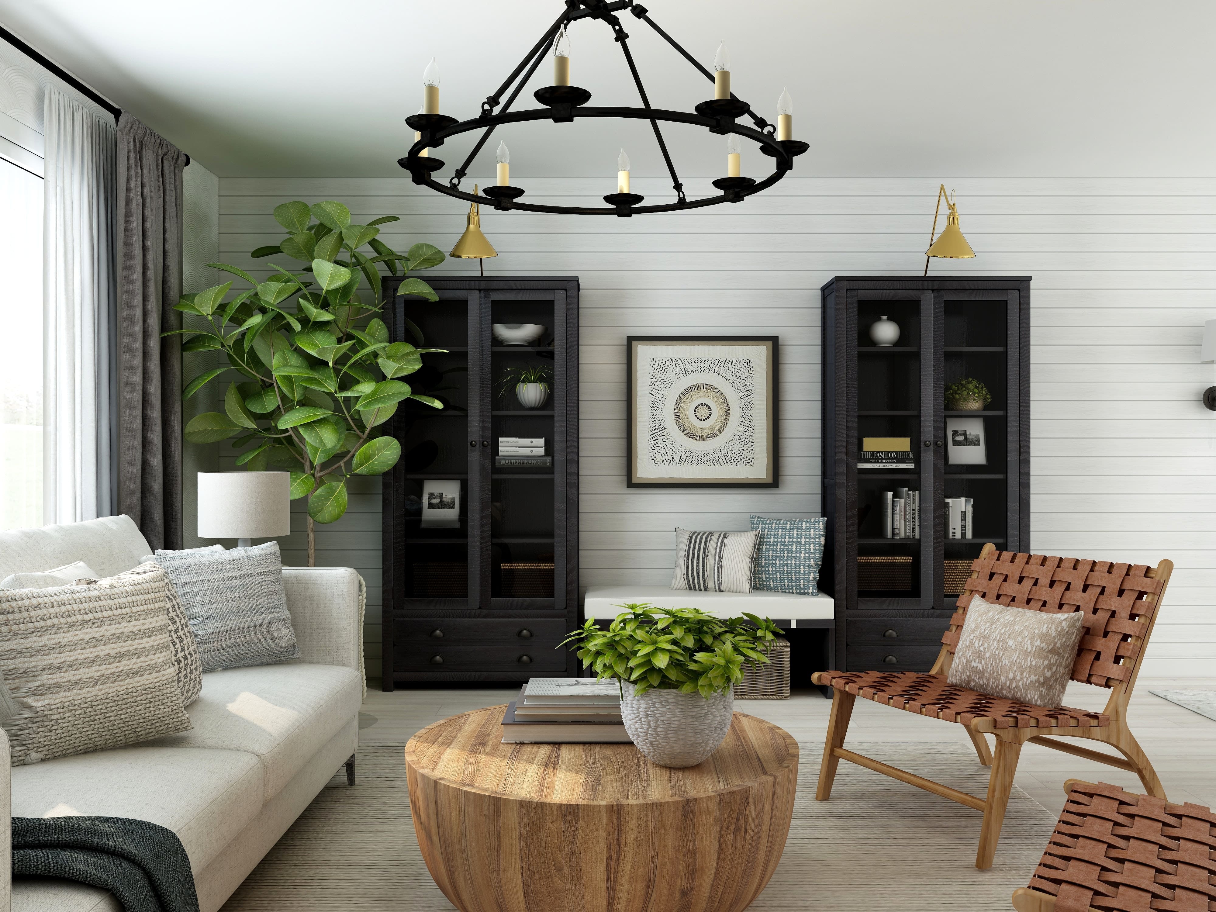 White living room with shiplap wall 