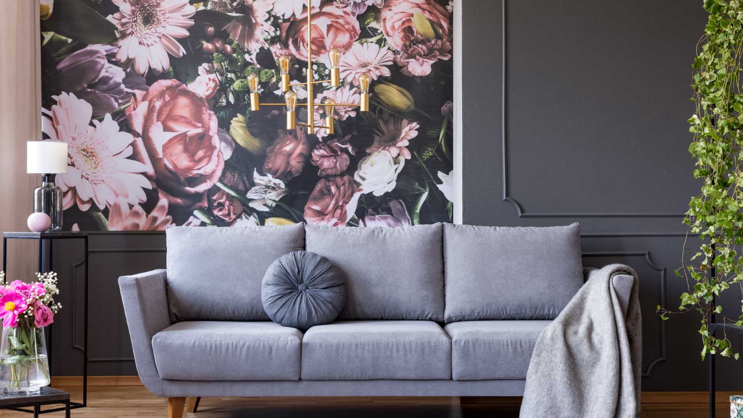 living room with floral wall mural