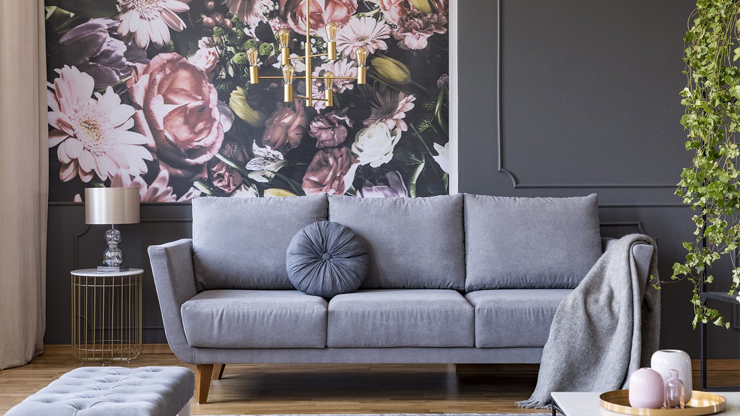 grey living room with floral wallpaper