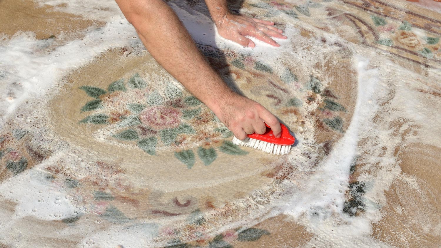 A man cleaning a carpet using foam