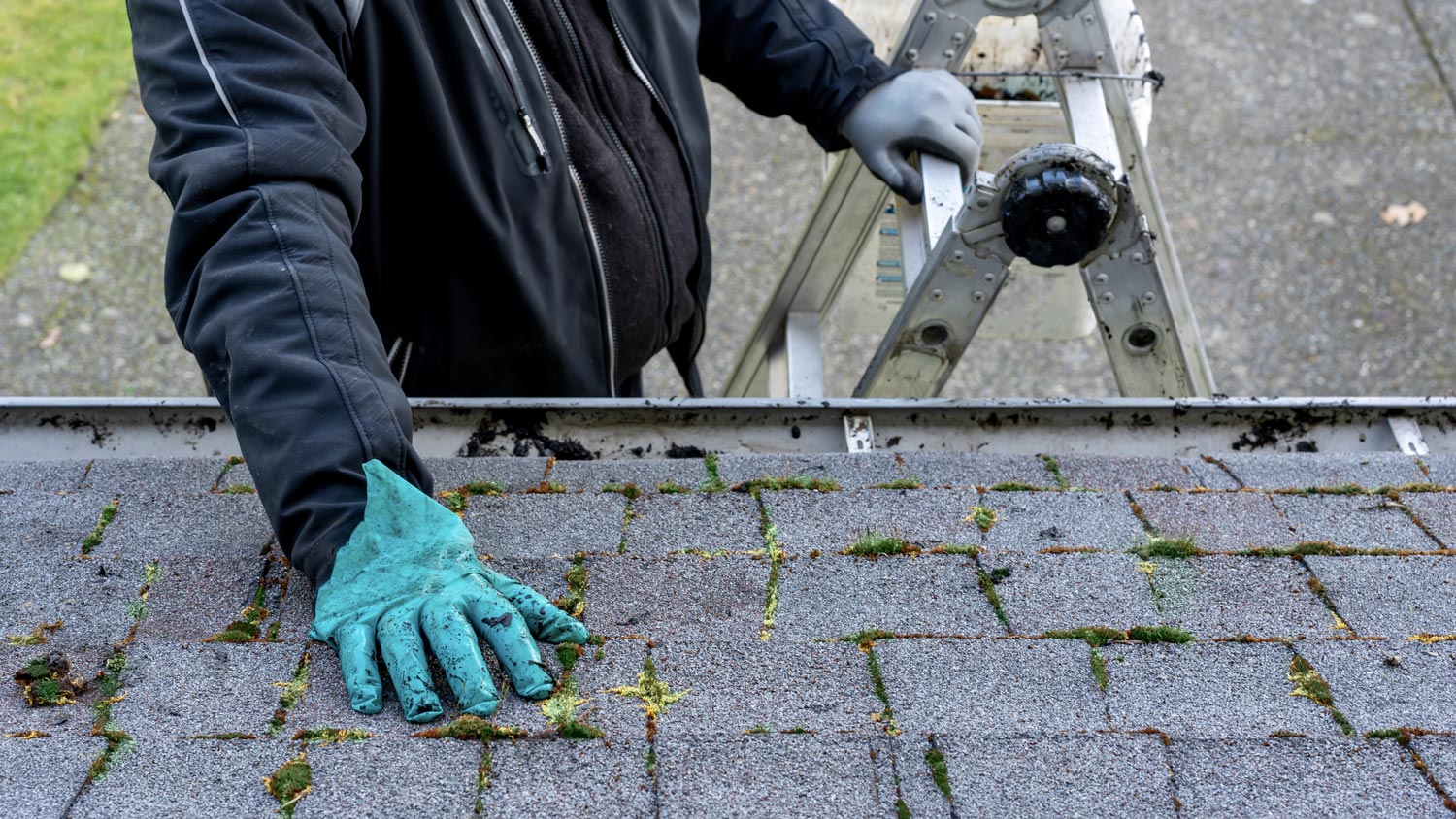 A man wearing gloves inspecting a roof