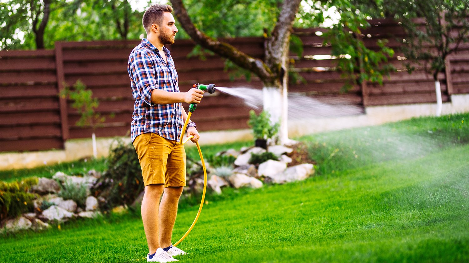 man watering lawn with hose 