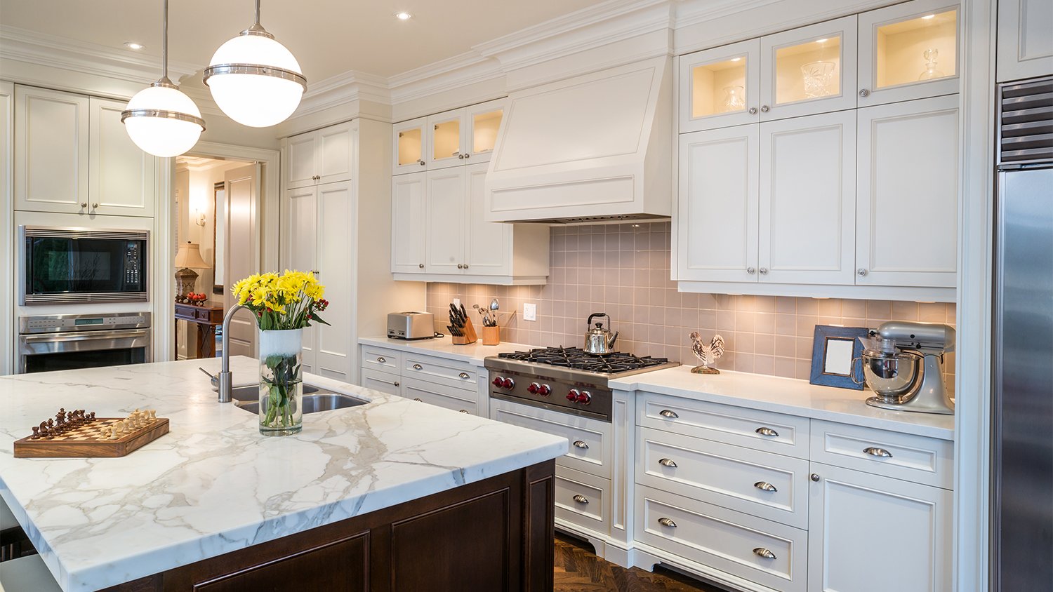 large luxury kitchen with marble island